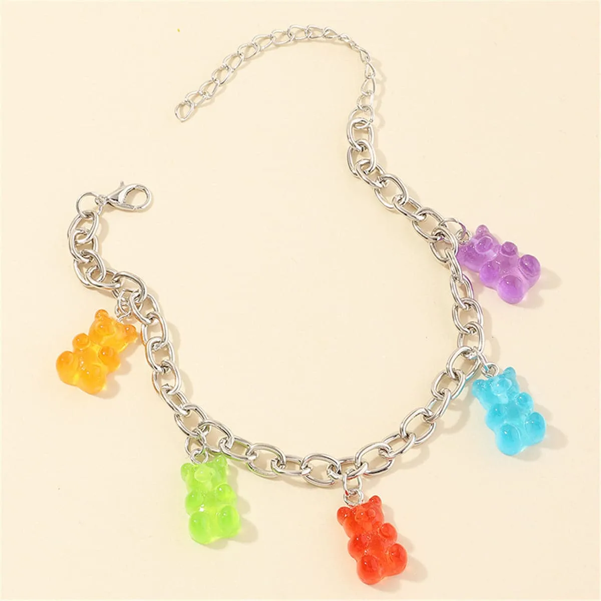 Rainbow Resin & Silver Plated Bear Station Anklet