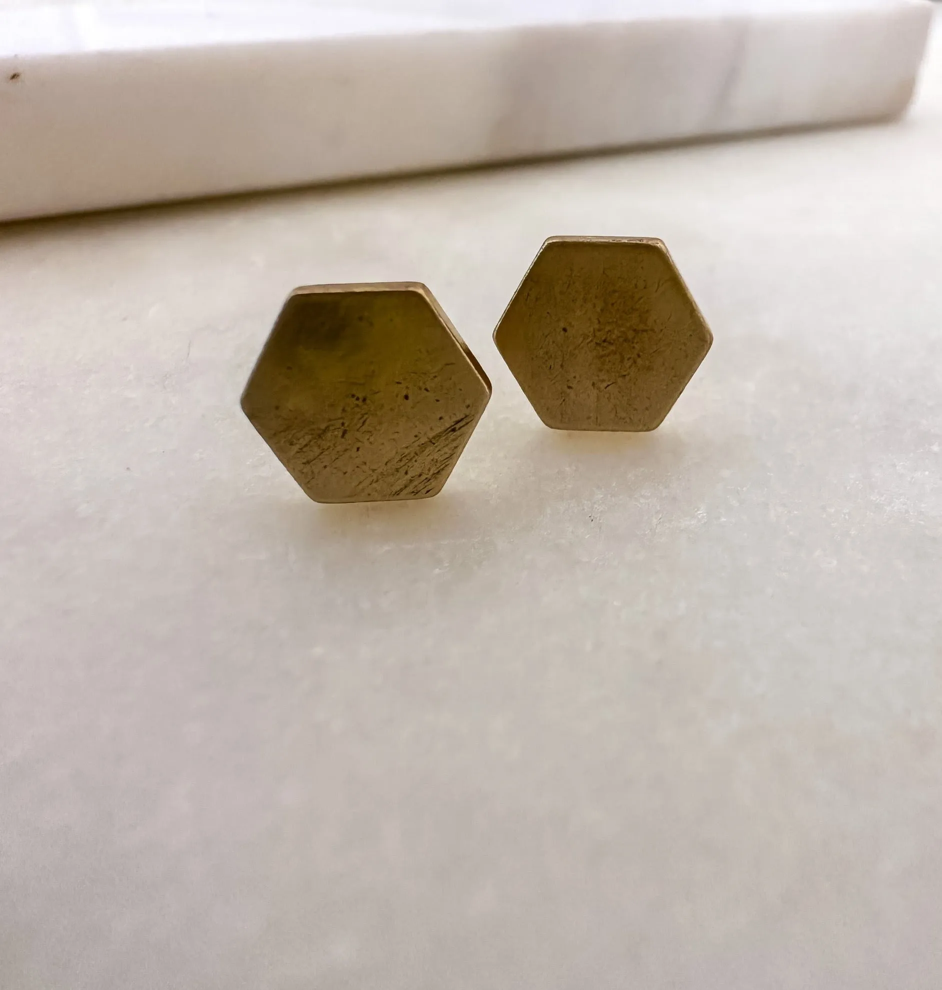 Raw Brass Hex Stud Earrings