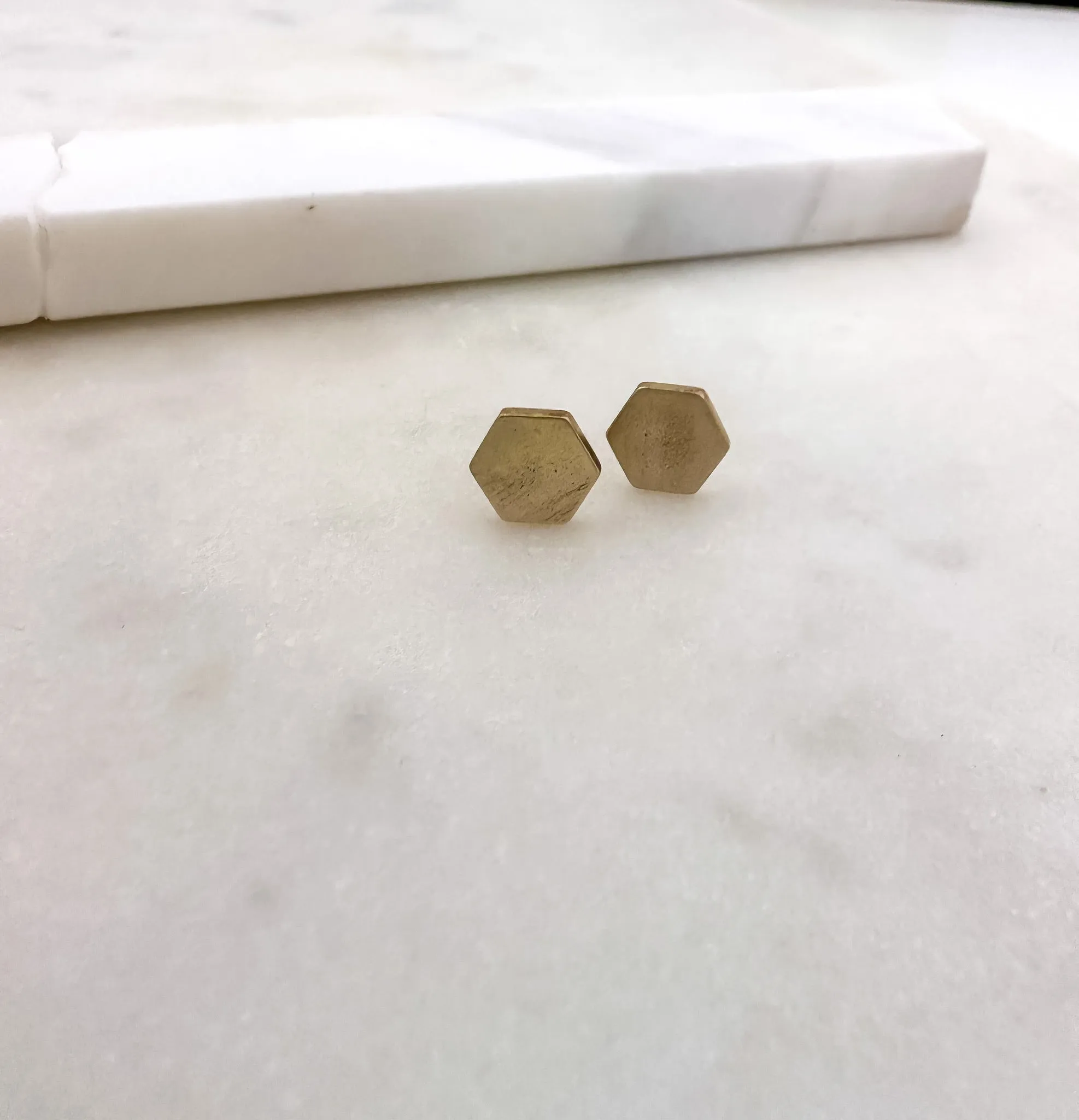 Raw Brass Hex Stud Earrings