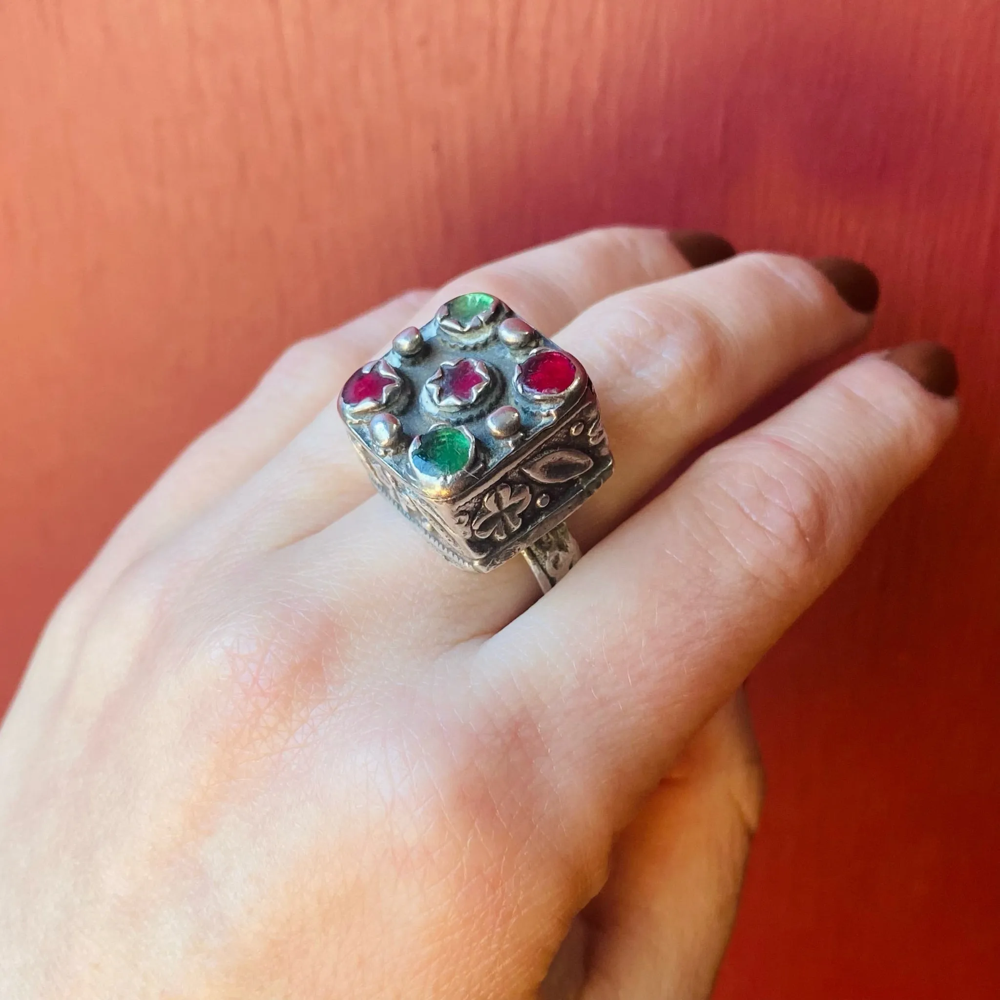 Red & Green Glass Statement Ring in Sterling Silver