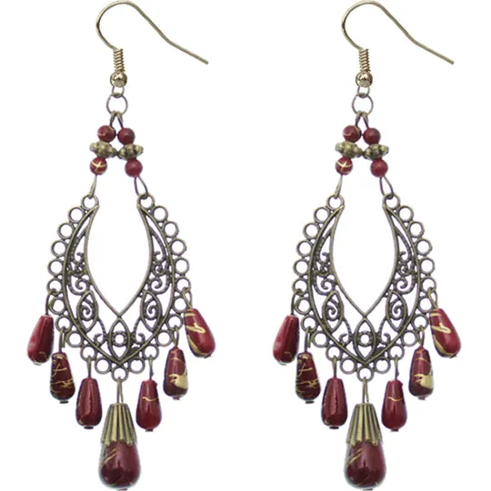 Red Bronze Beaded Filigree Drop Earrings