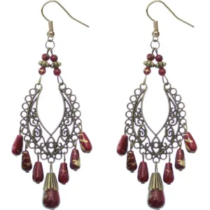 Red Bronze Beaded Filigree Drop Earrings