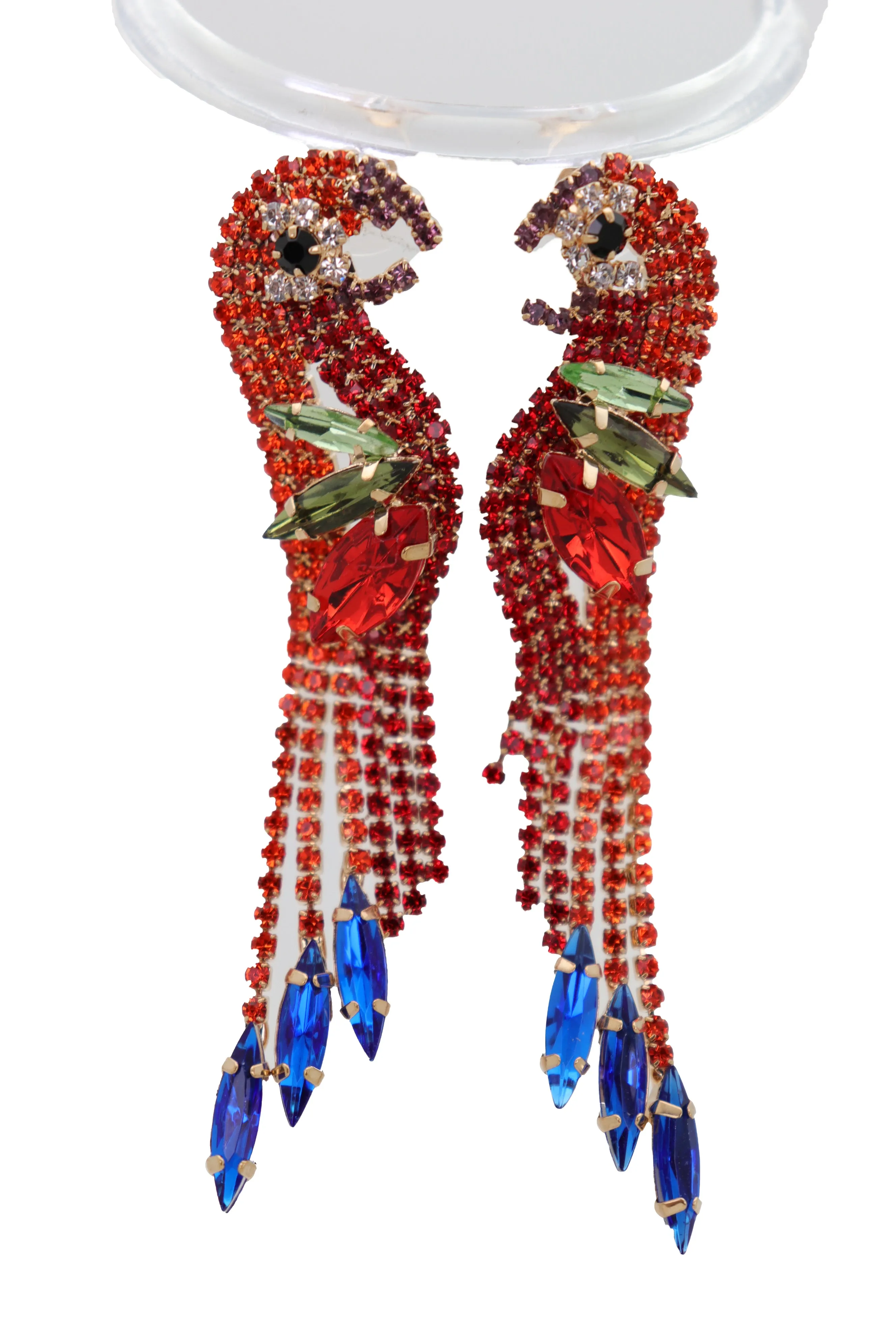 Red Rhinestone Jeweled Parrot Bird Dangle Earrings