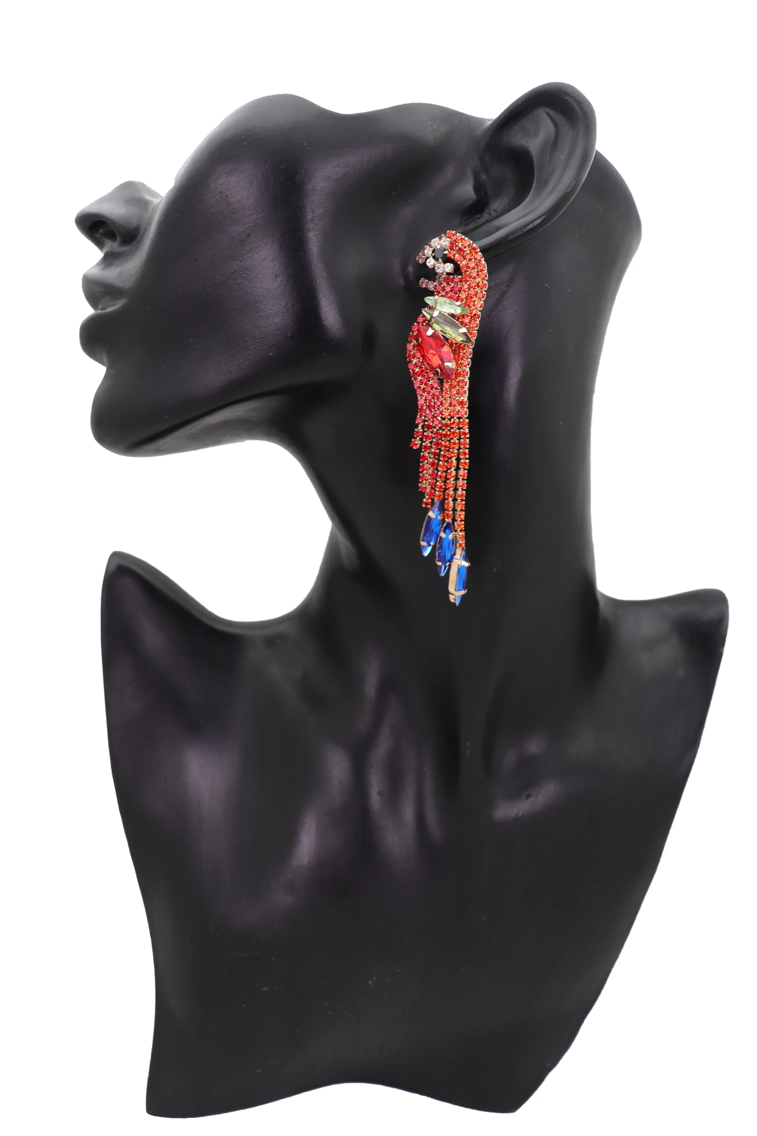 Red Rhinestone Jeweled Parrot Bird Dangle Earrings