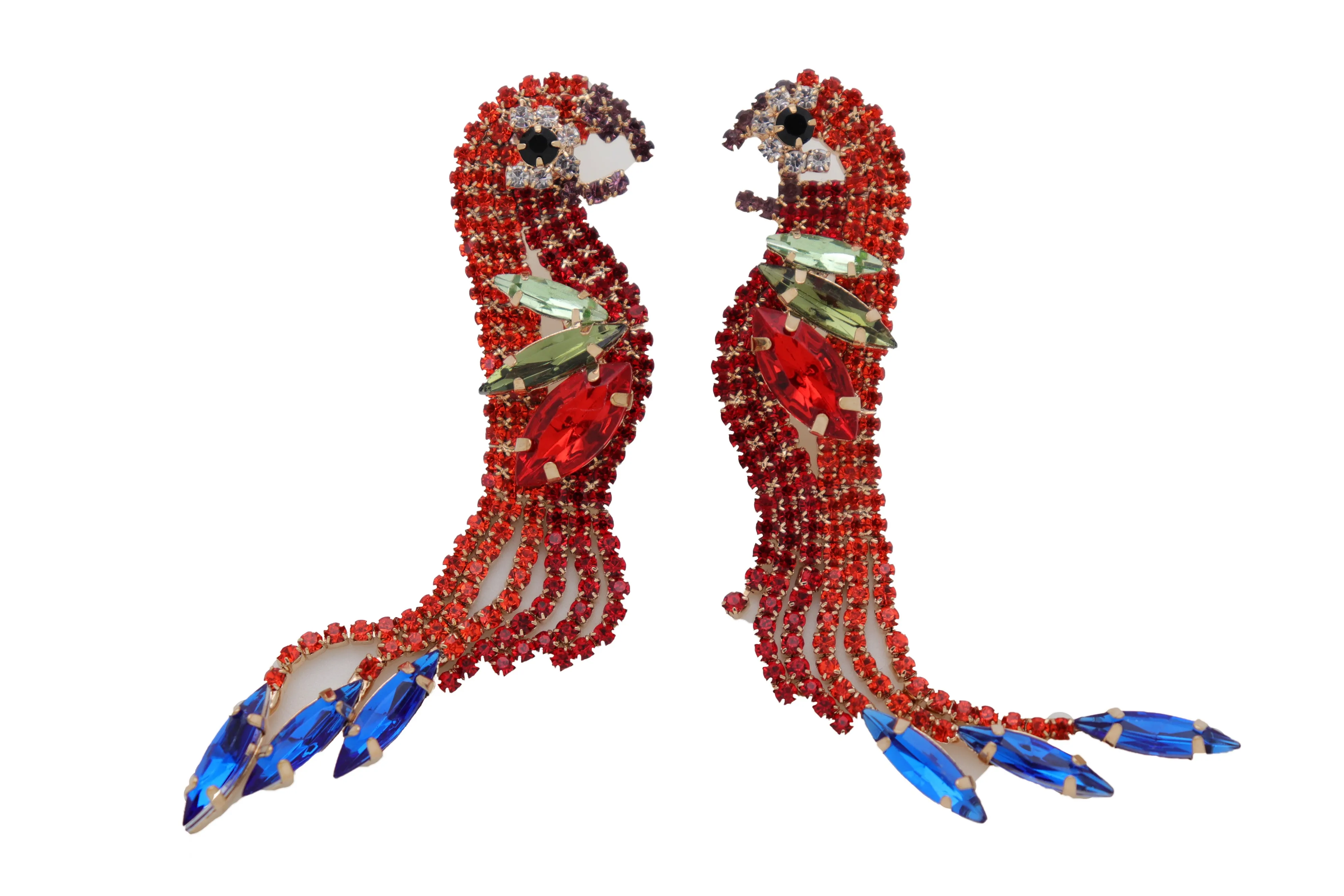 Red Rhinestone Jeweled Parrot Bird Dangle Earrings