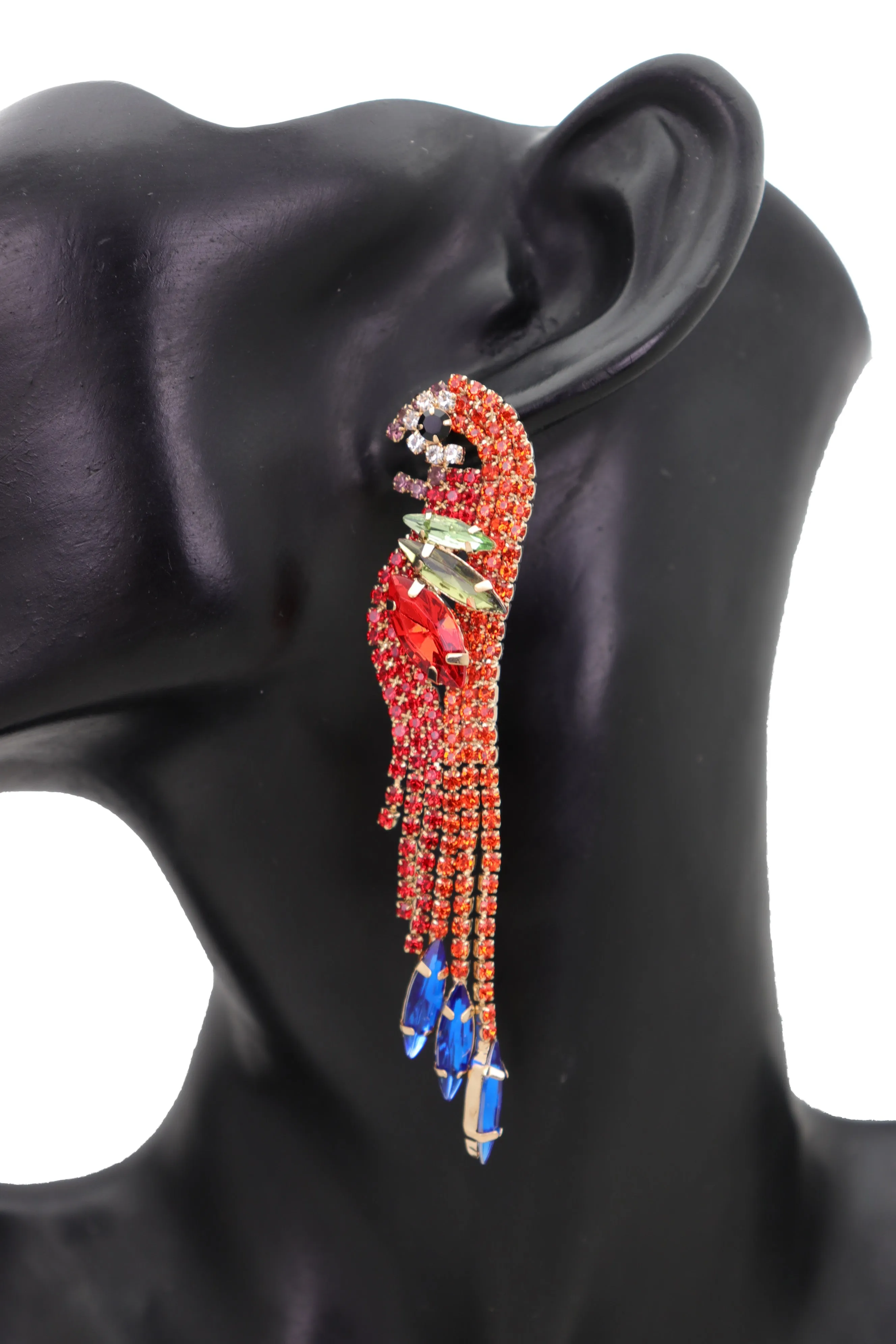 Red Rhinestone Jeweled Parrot Bird Dangle Earrings