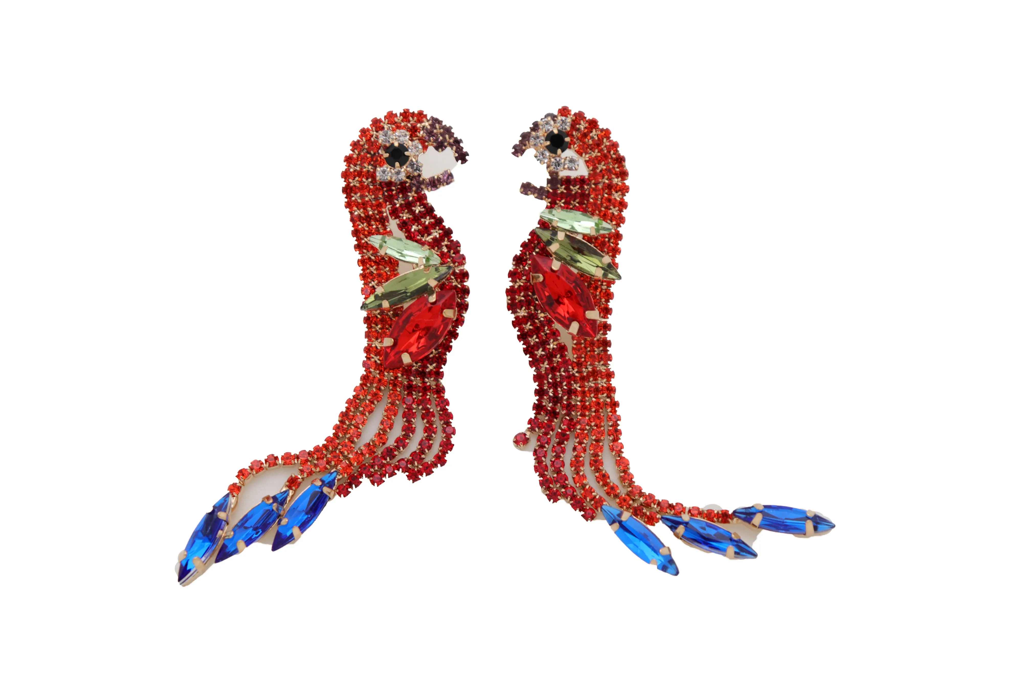 Red Rhinestone Jeweled Parrot Bird Dangle Earrings