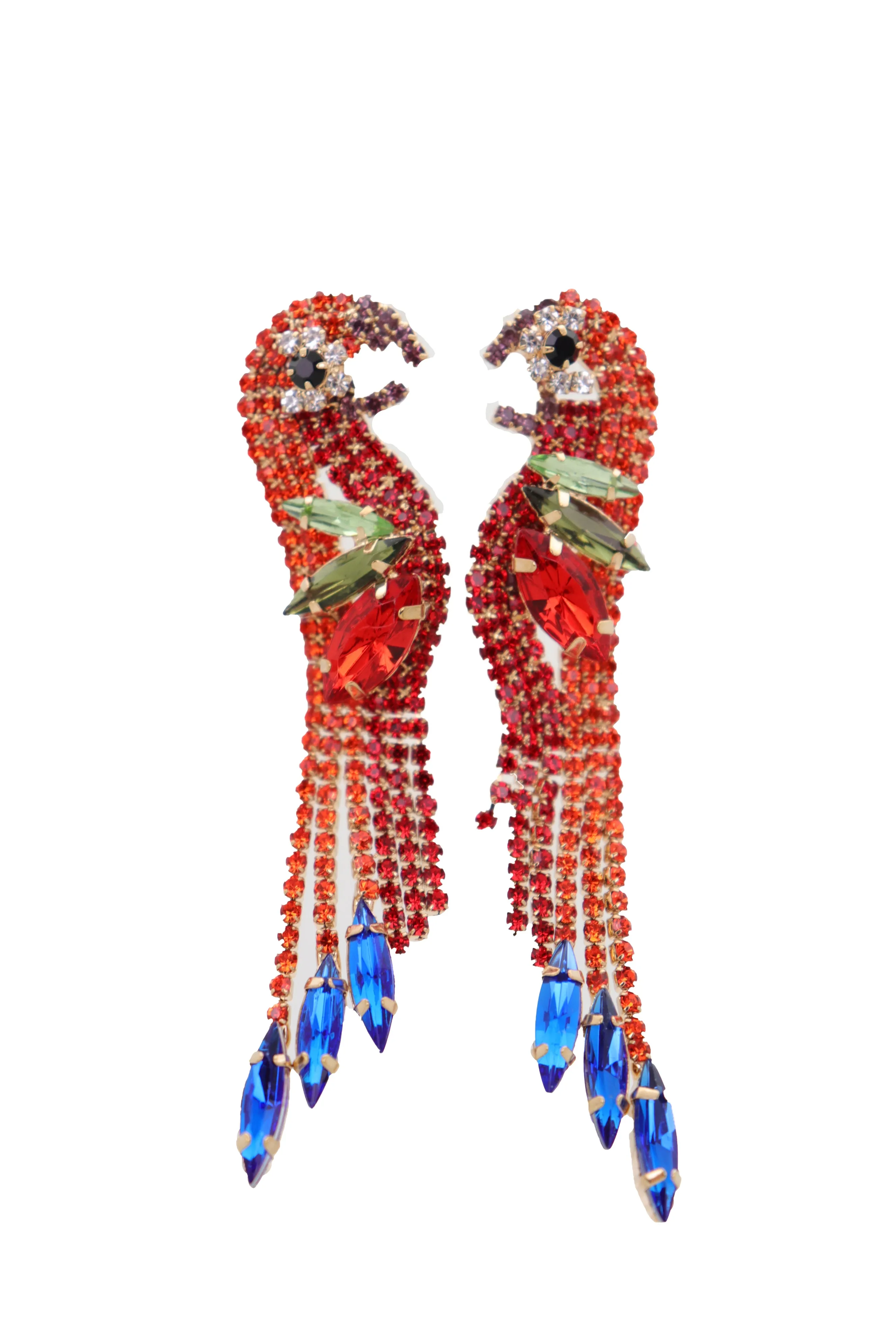 Red Rhinestone Jeweled Parrot Bird Dangle Earrings