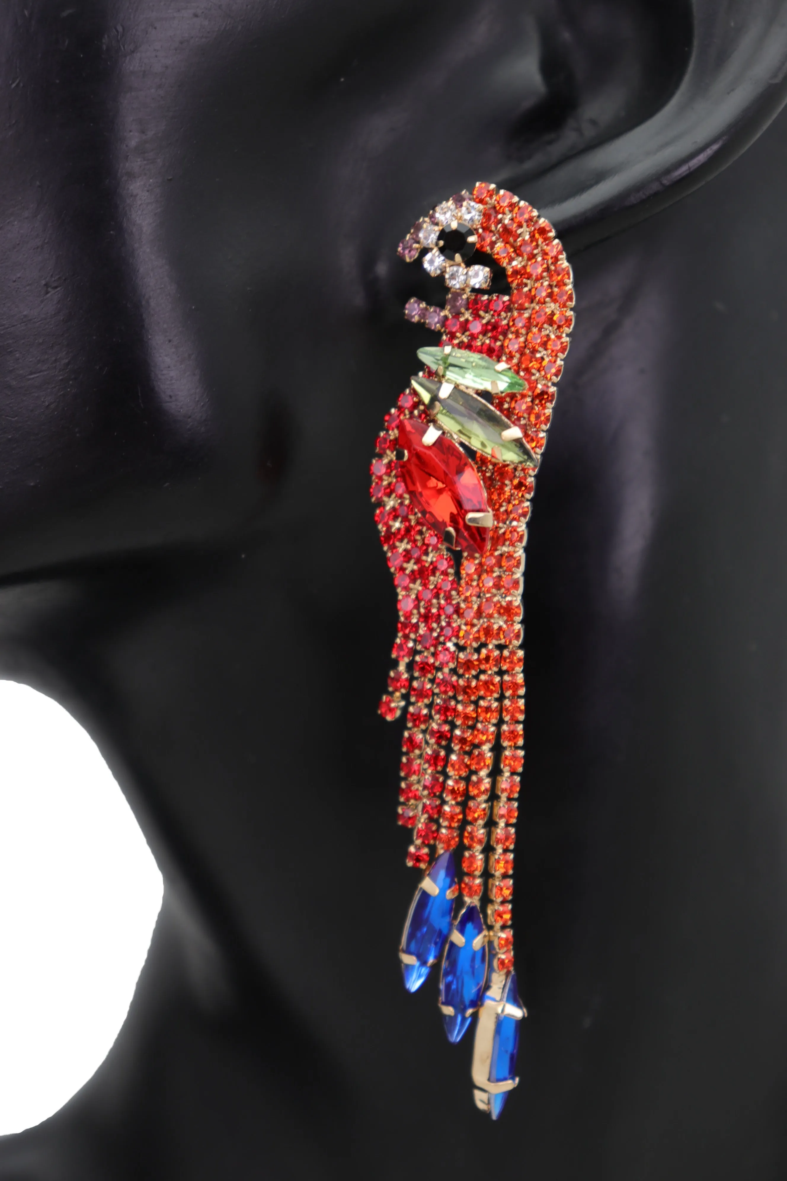 Red Rhinestone Jeweled Parrot Bird Dangle Earrings