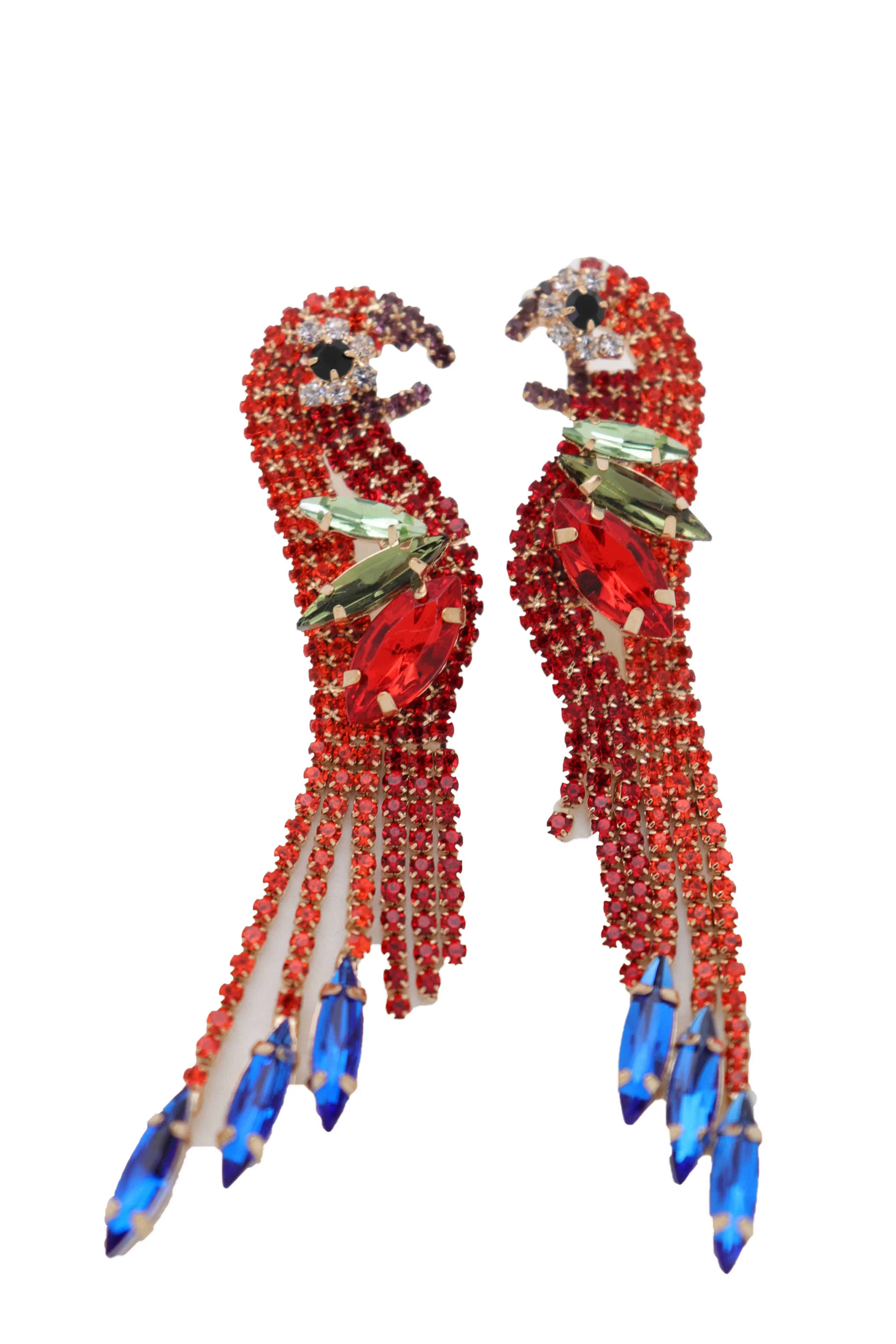 Red Rhinestone Jeweled Parrot Bird Dangle Earrings
