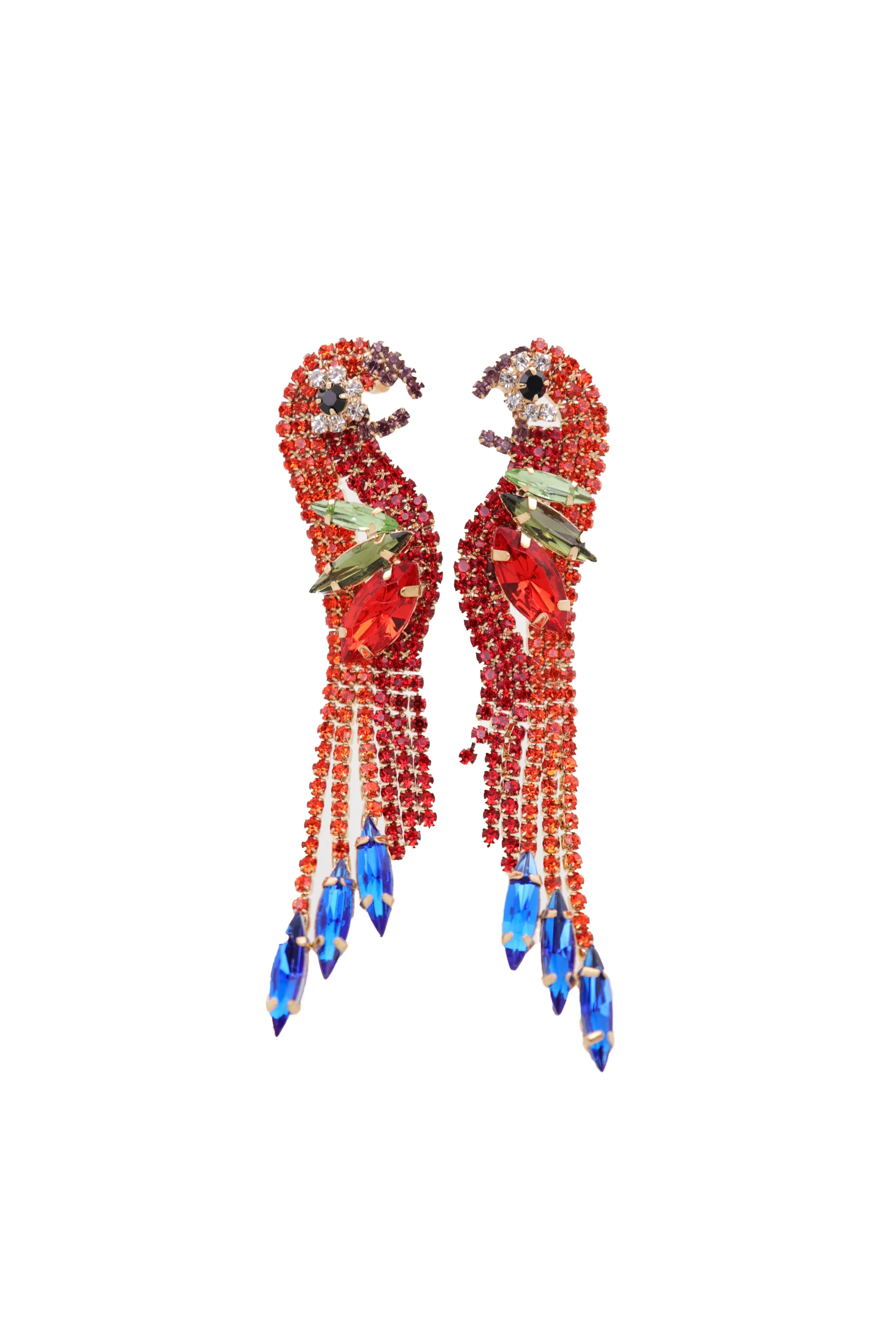 Red Rhinestone Jeweled Parrot Bird Dangle Earrings