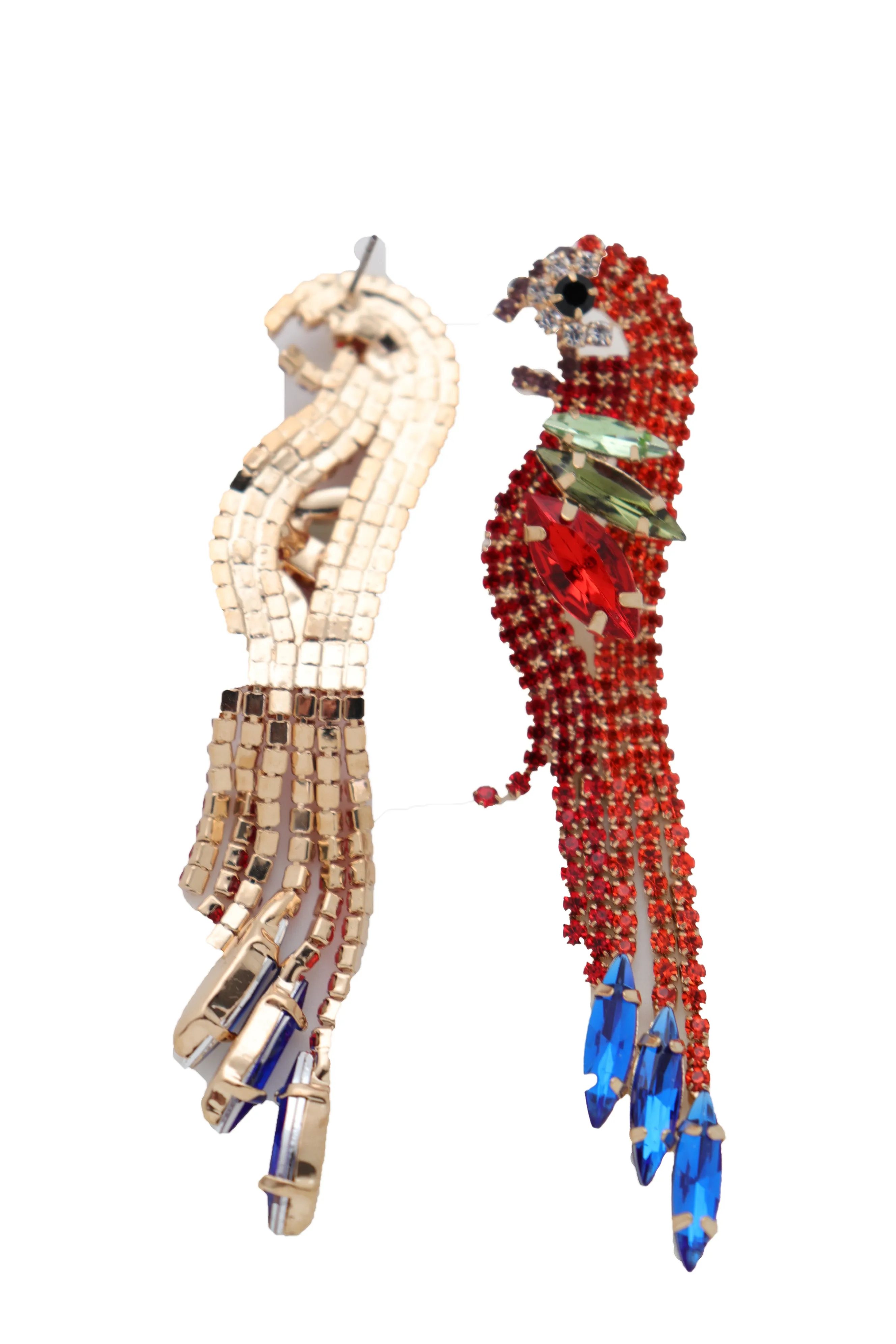 Red Rhinestone Jeweled Parrot Bird Dangle Earrings