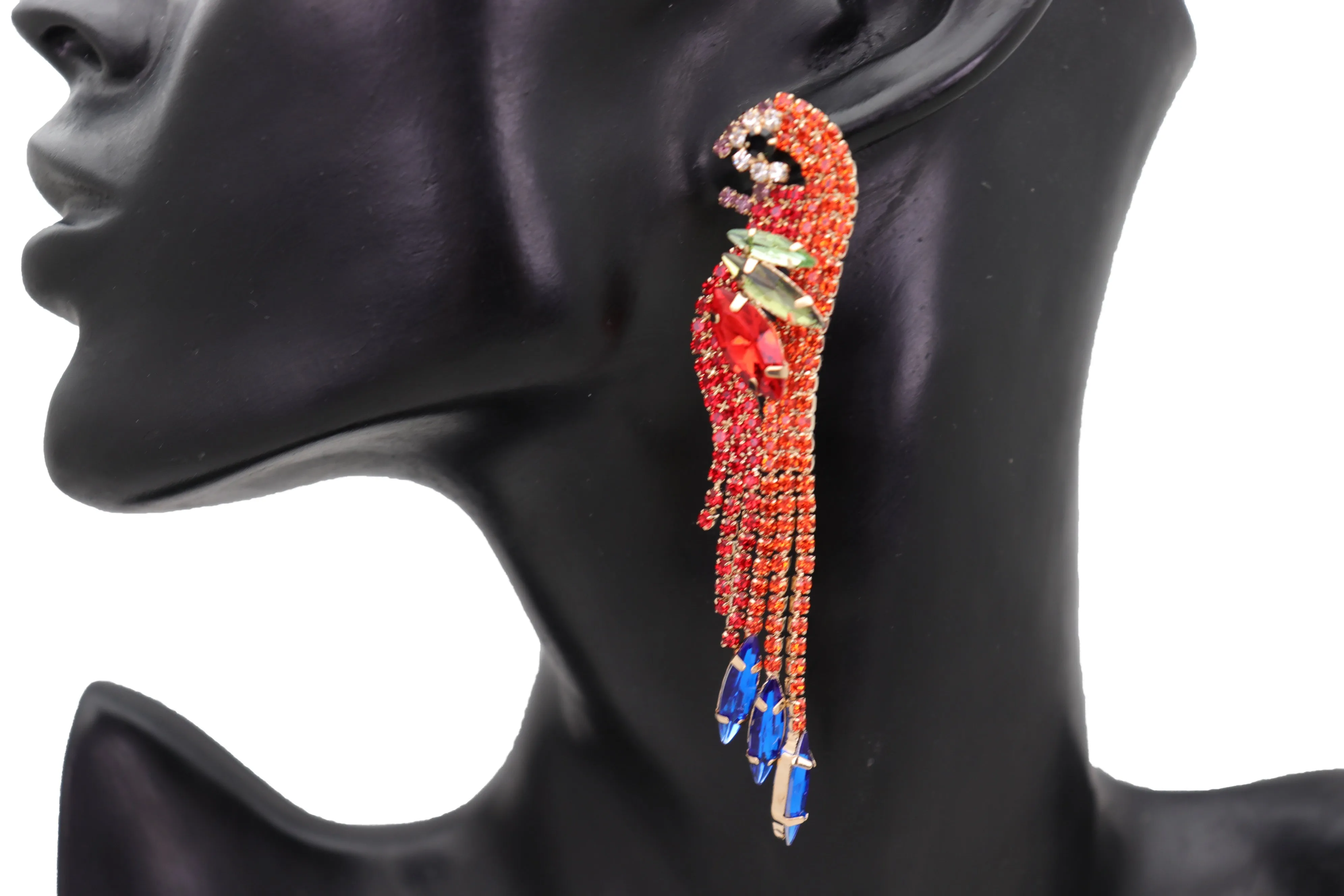 Red Rhinestone Jeweled Parrot Bird Dangle Earrings