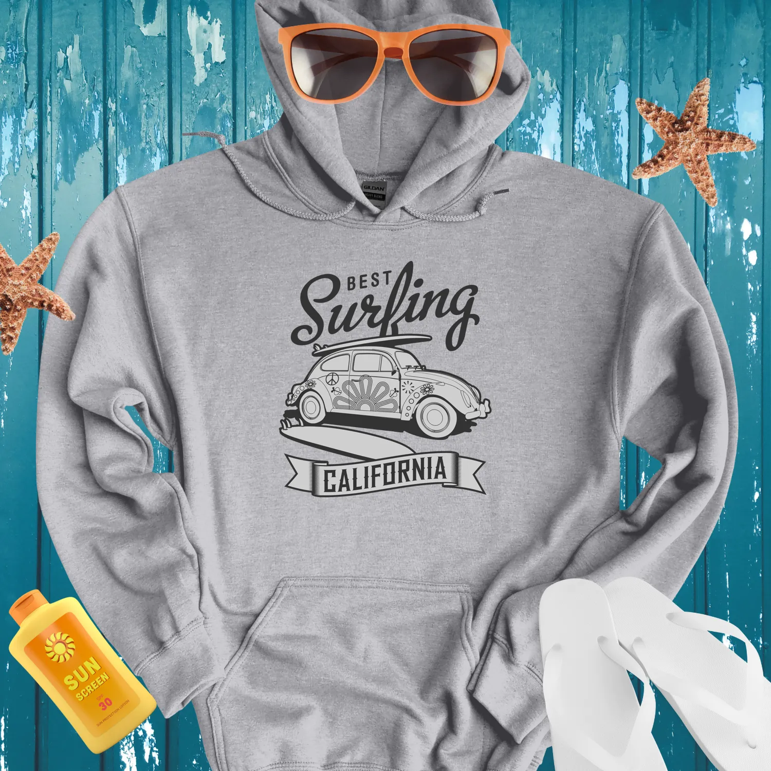 Retro California Surfing Hoodie With Vw Beetle Design