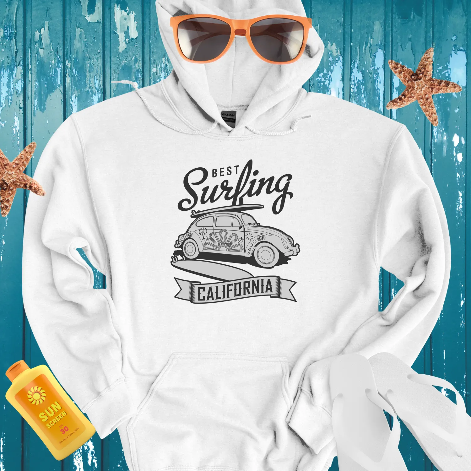 Retro California Surfing Hoodie With Vw Beetle Design