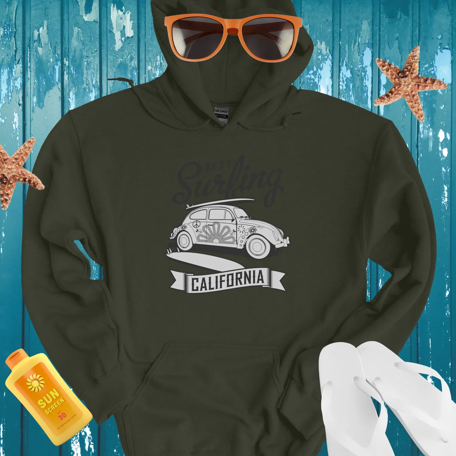 Retro California Surfing Hoodie With Vw Beetle Design
