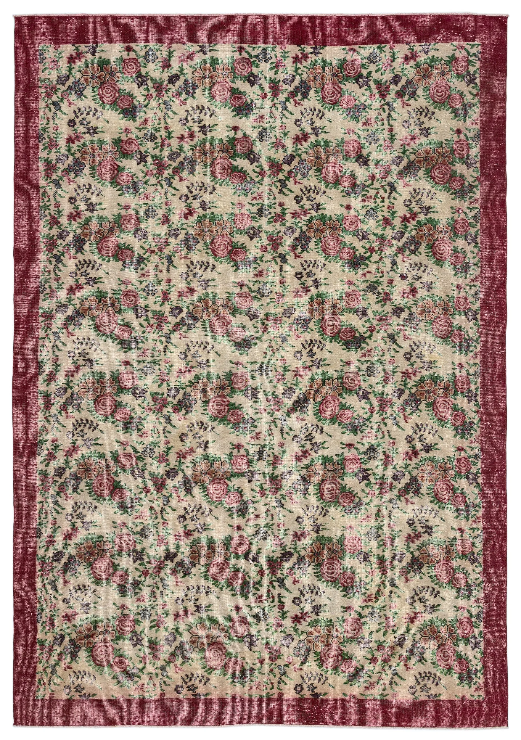 Retro Design Floral Over Dyed Vintage Rug 7'6'' x 10'10'' ft 229 x 330 cm