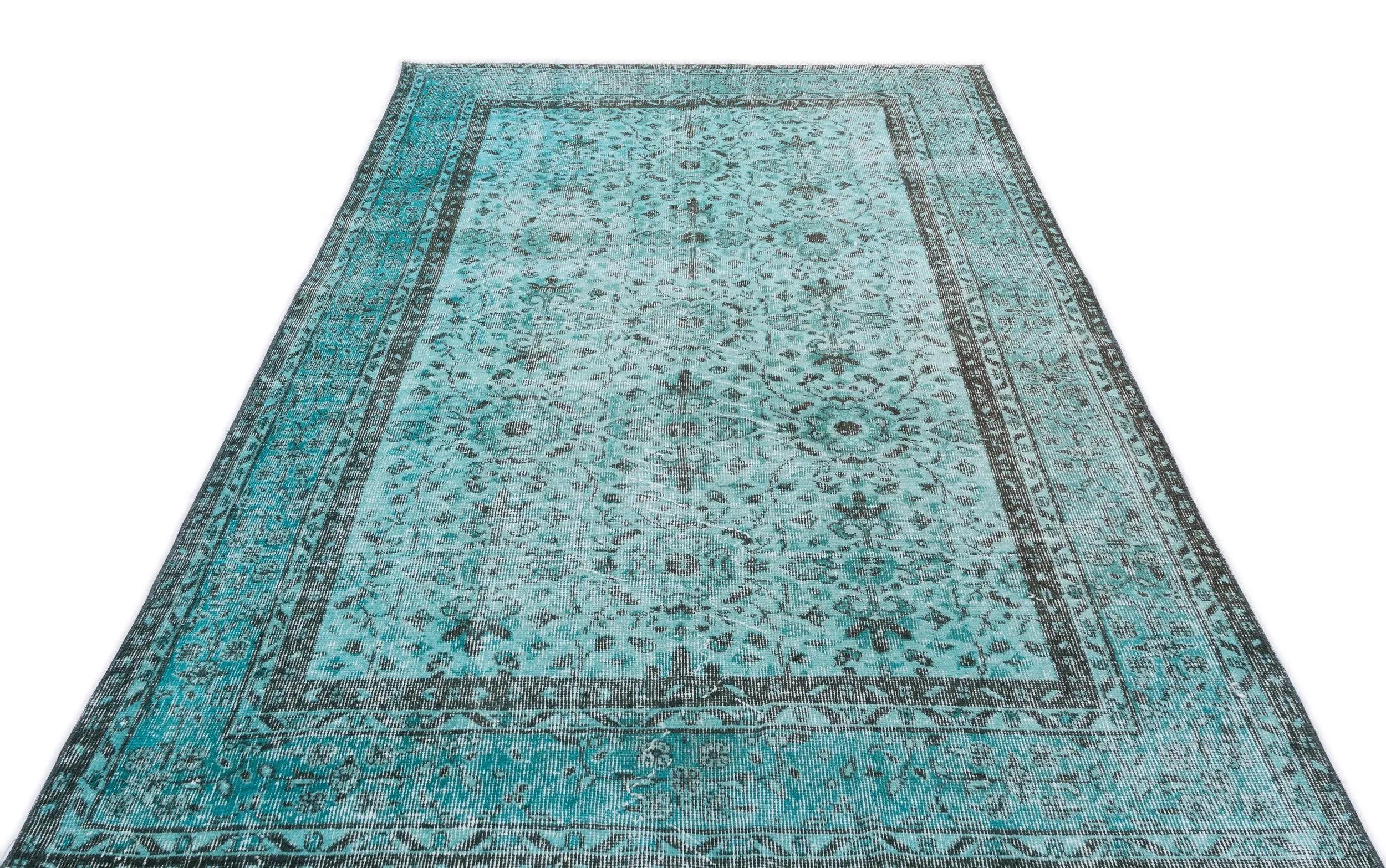 Retro Design Turquoise Over Dyed Vintage Rug 4'11'' x 8'3'' ft 151 x 251 cm