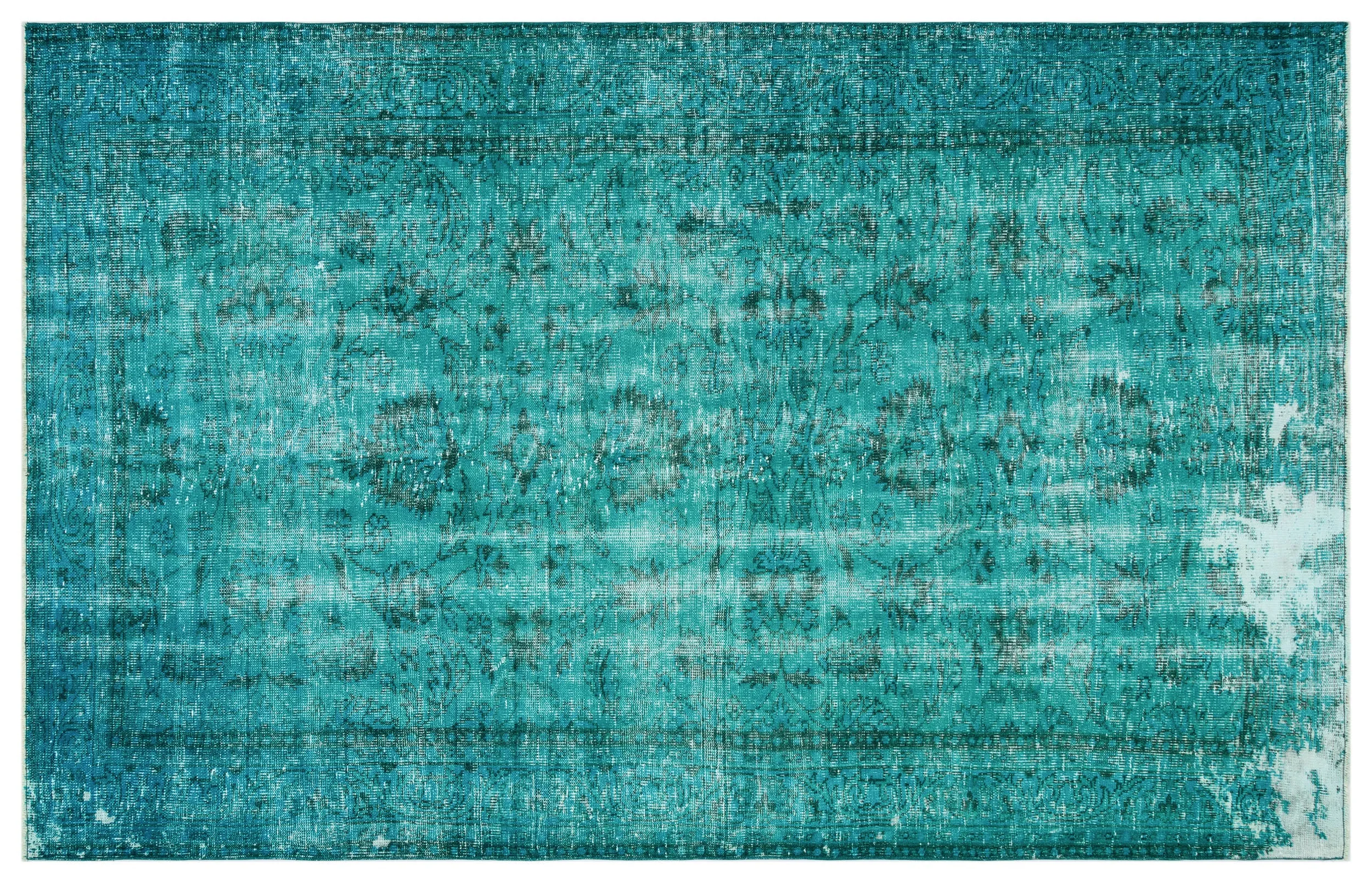 Retro Design Turquoise Over Dyed Vintage Rug 5'11'' x 9'2'' ft 180 x 279 cm