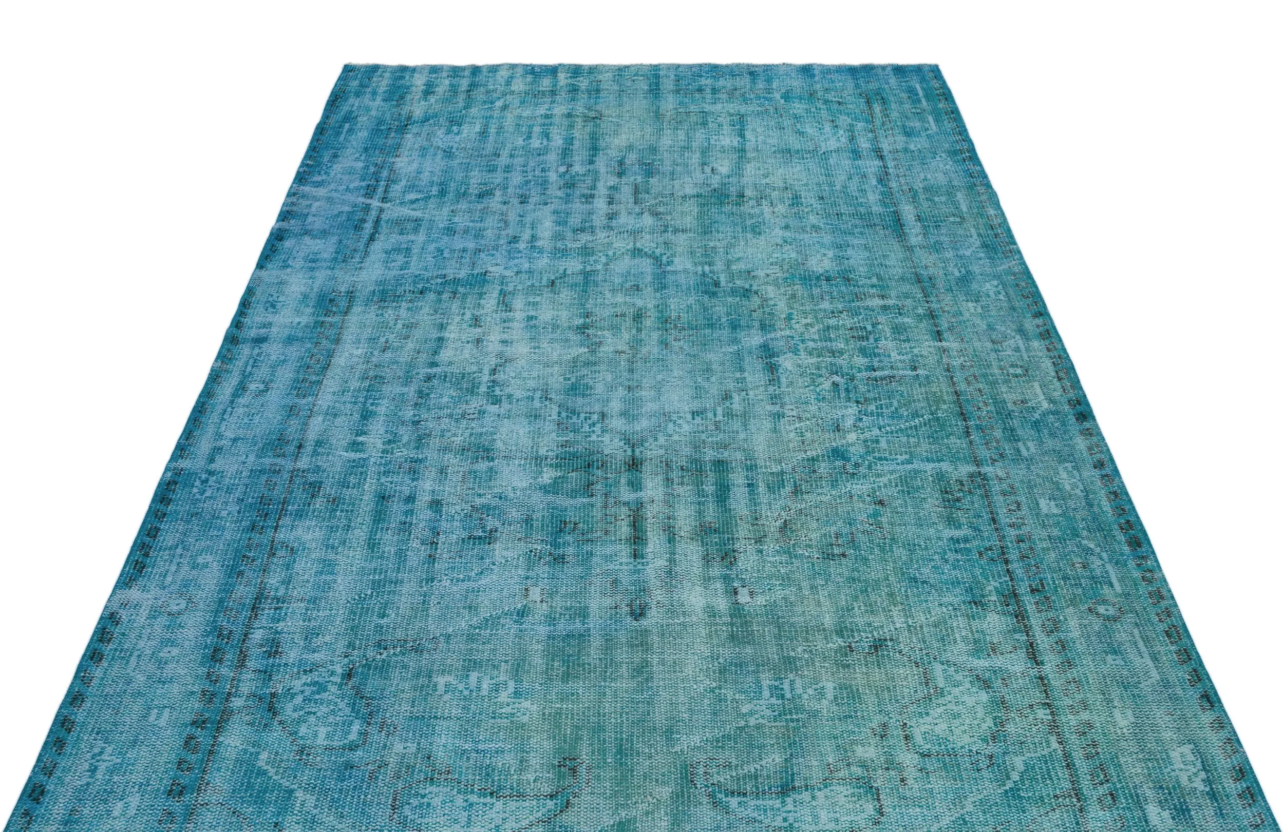 Retro Design Turquoise Over Dyed Vintage Rug 5'4'' x 8'11'' ft 163 x 272 cm