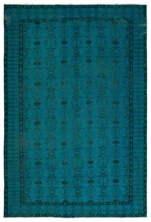 Retro Design Turquoise Over Dyed Vintage Rug 6'4'' x 9'5'' ft 194 x 286 cm