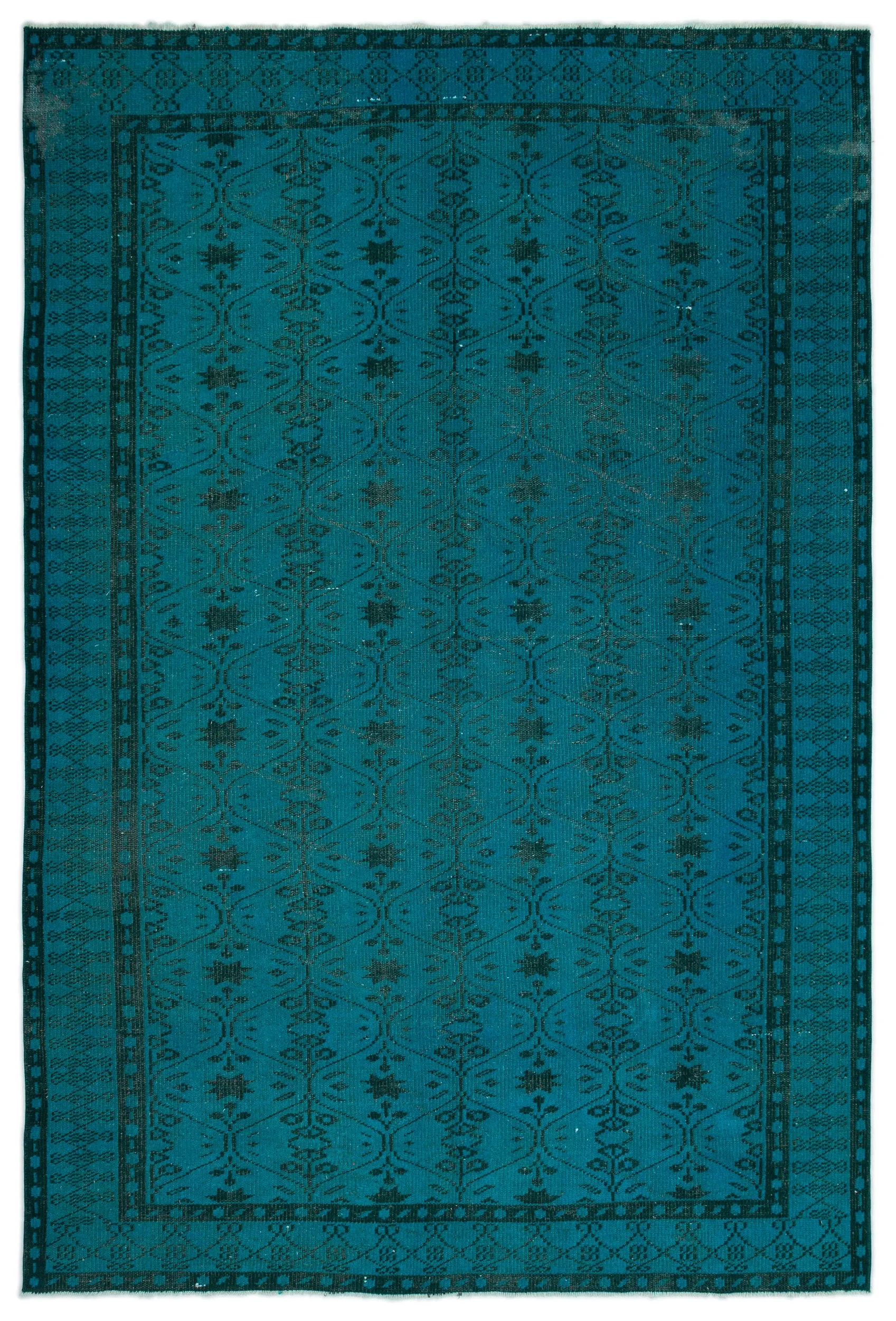 Retro Design Turquoise Over Dyed Vintage Rug 6'4'' x 9'5'' ft 194 x 286 cm