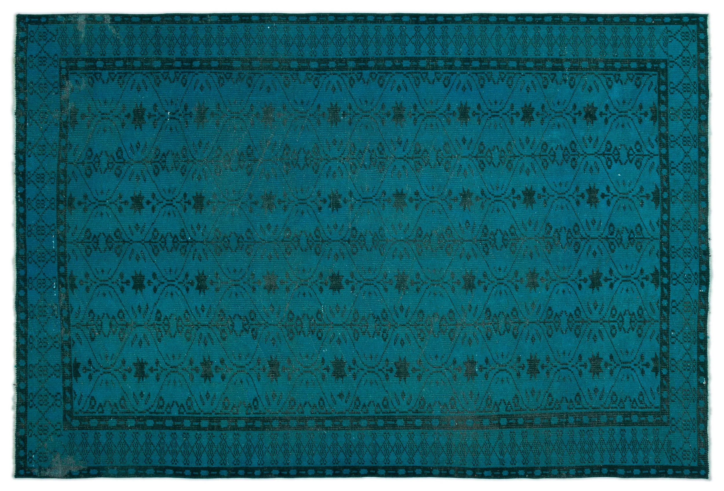 Retro Design Turquoise Over Dyed Vintage Rug 6'4'' x 9'5'' ft 194 x 286 cm
