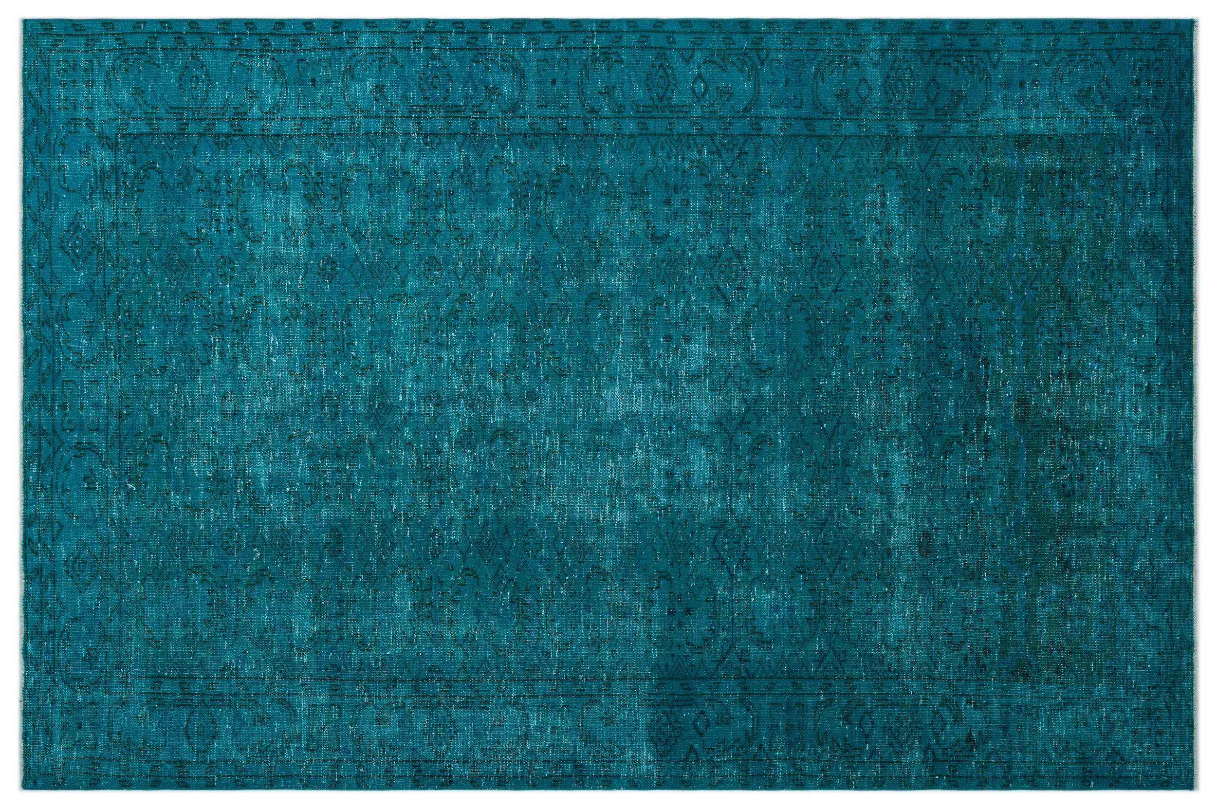 Retro Design Turquoise Over Dyed Vintage Rug 6'4'' x 9'9'' ft 193 x 297 cm
