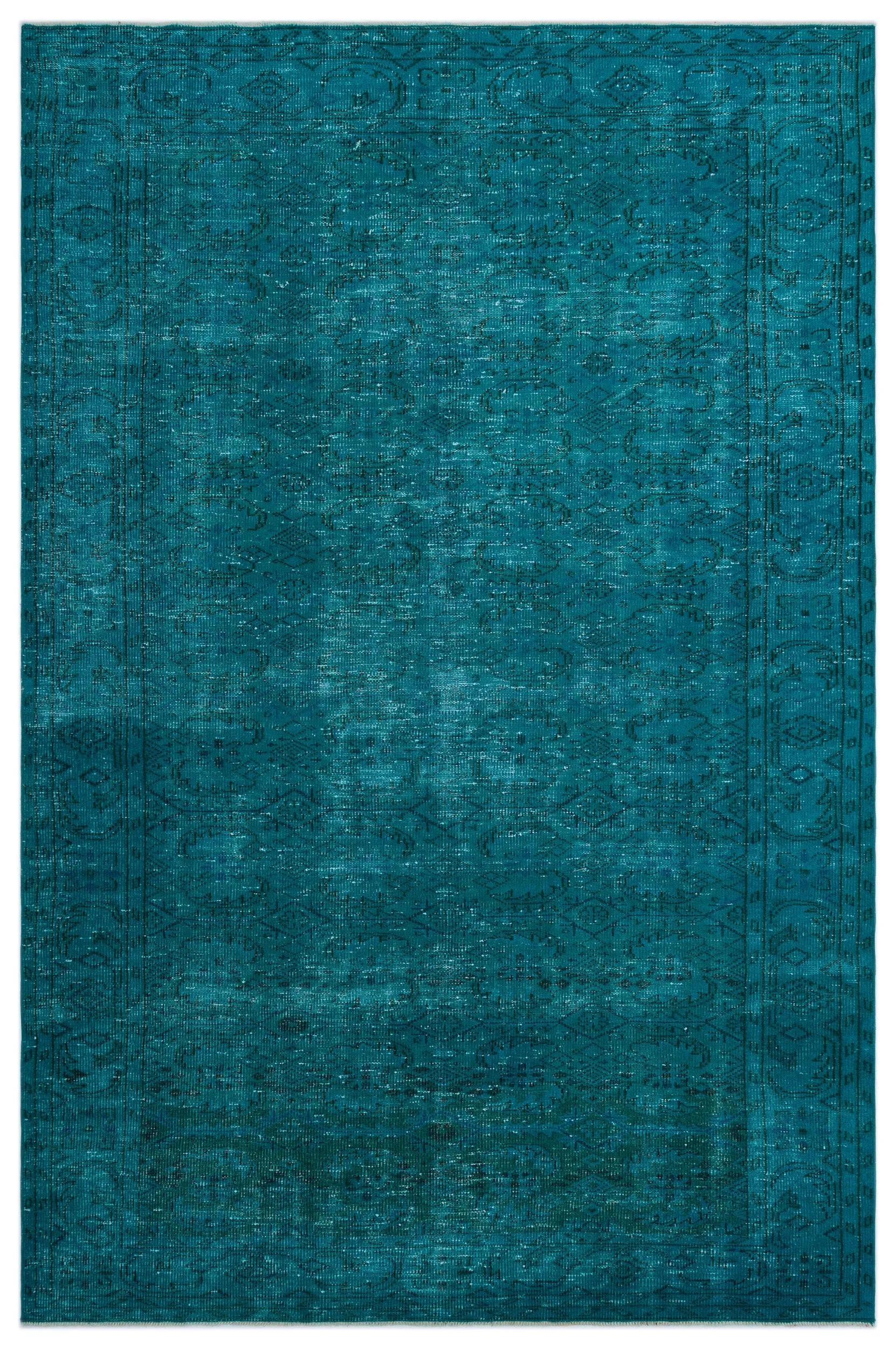 Retro Design Turquoise Over Dyed Vintage Rug 6'4'' x 9'9'' ft 193 x 297 cm