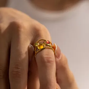 Retro Mesh Open Ring with Resin Diamond Inlay