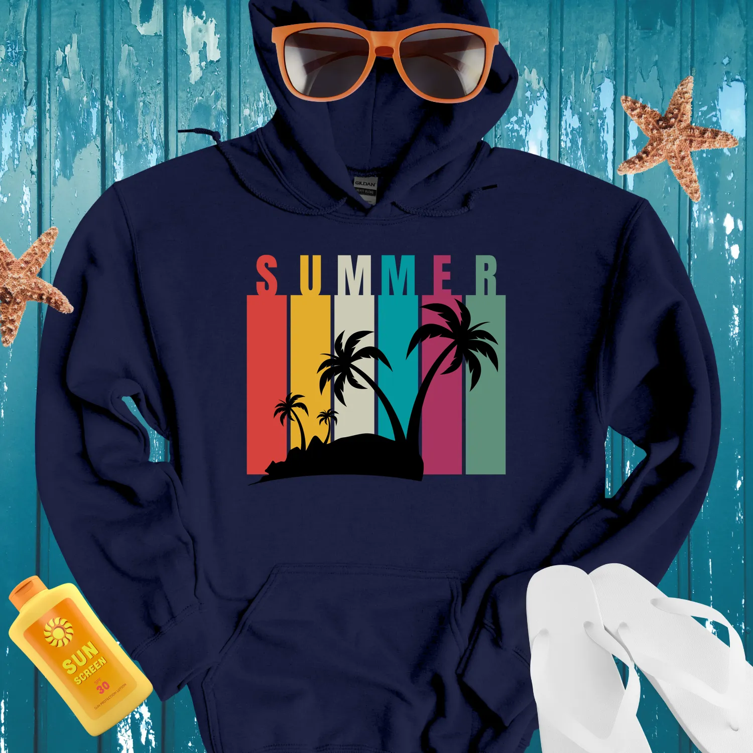 Retro Summer Hoodie With Vibrant Colors And Palm Trees