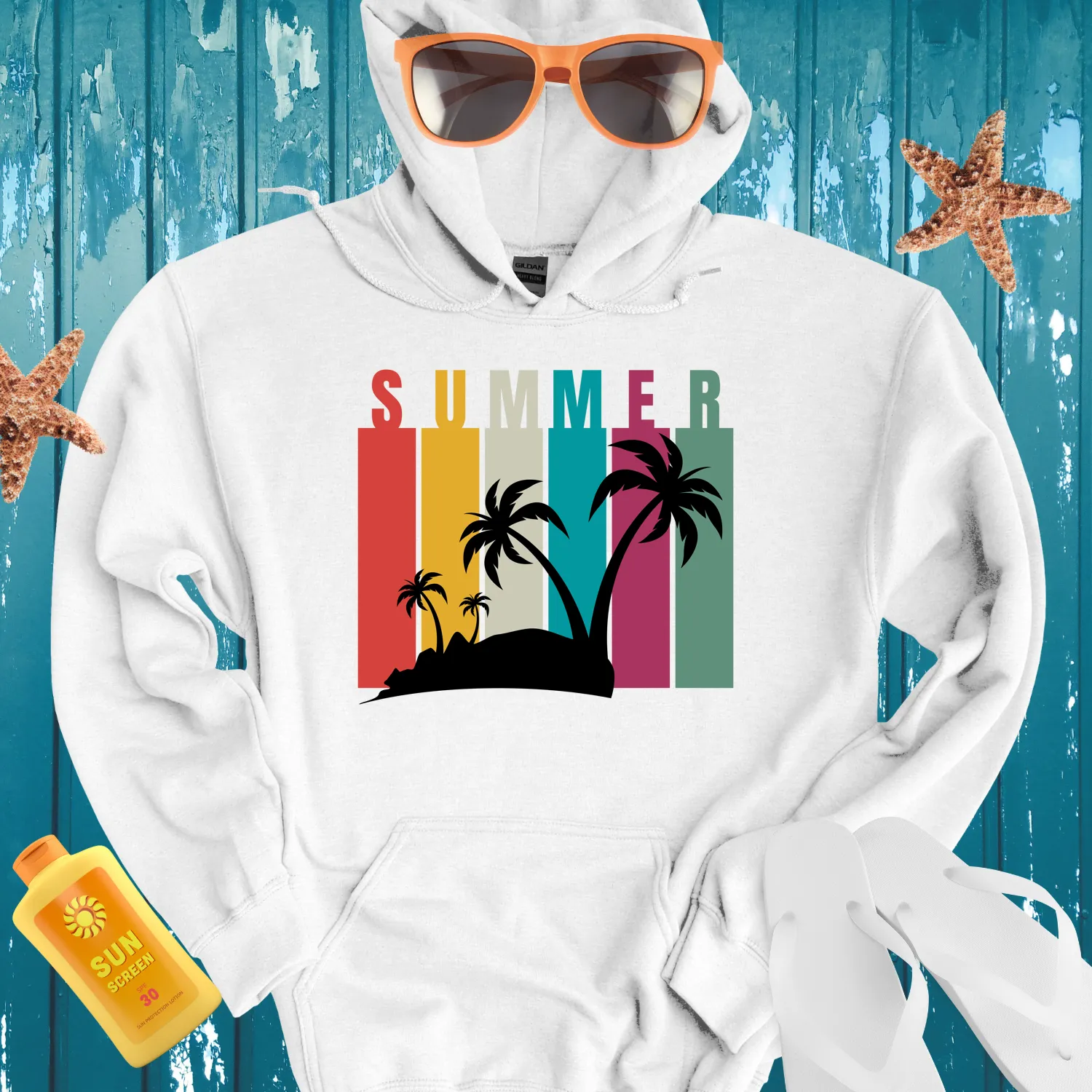 Retro Summer Hoodie With Vibrant Colors And Palm Trees
