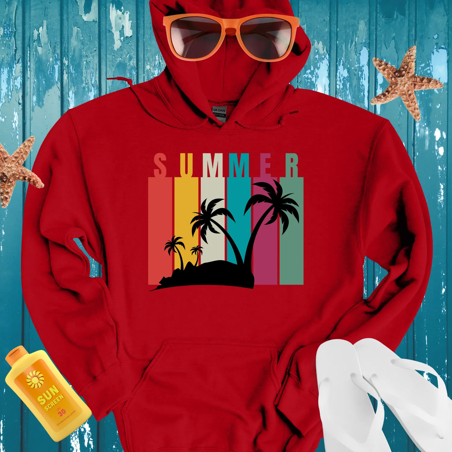 Retro Summer Hoodie With Vibrant Colors And Palm Trees