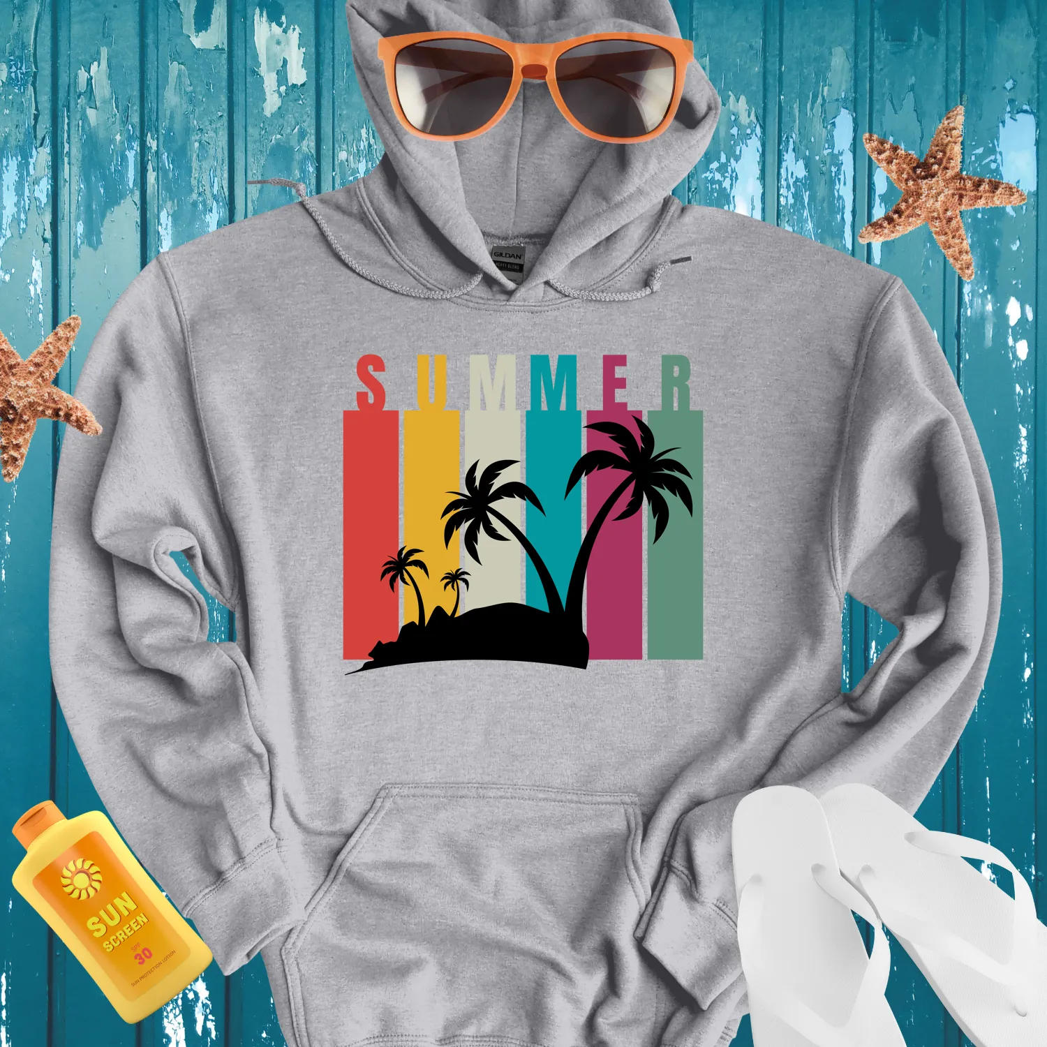 Retro Summer Hoodie With Vibrant Colors And Palm Trees