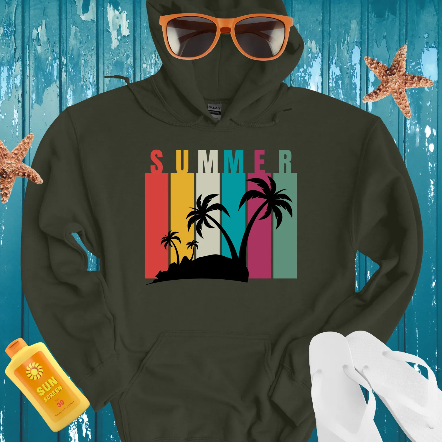 Retro Summer Hoodie With Vibrant Colors And Palm Trees