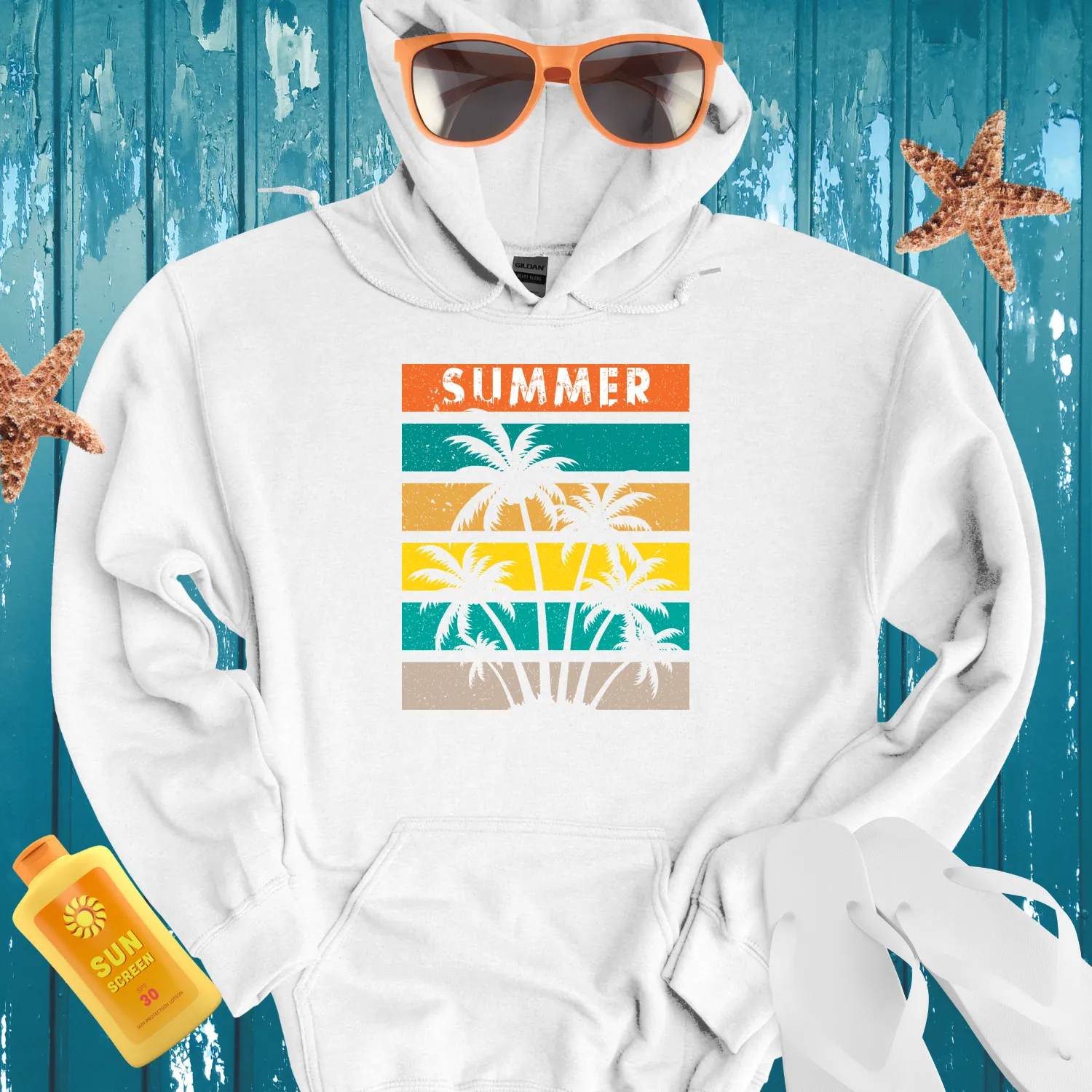 Retro Summer Vibes Hoodie With Gradient Stripes Design