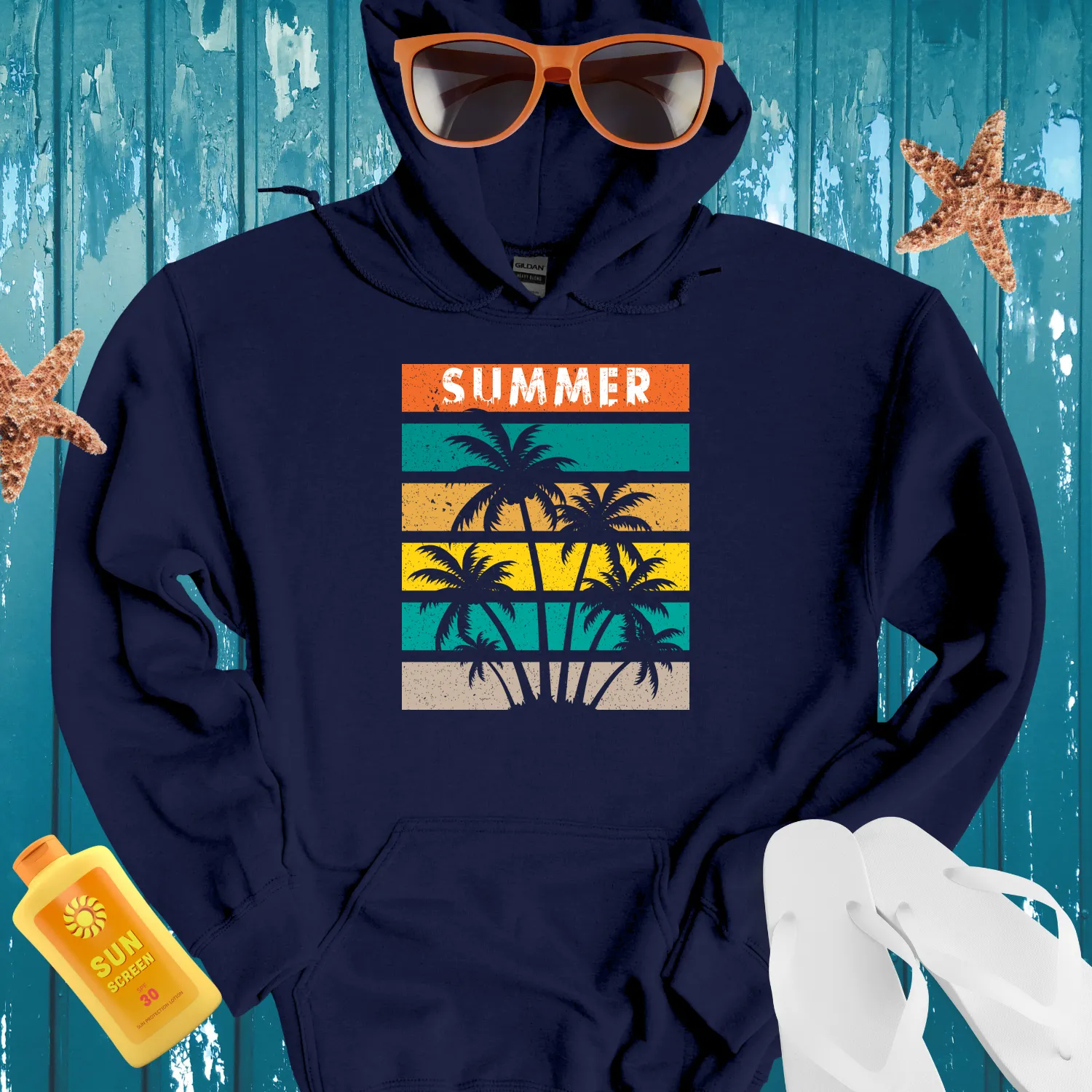 Retro Summer Vibes Hoodie With Gradient Stripes Design