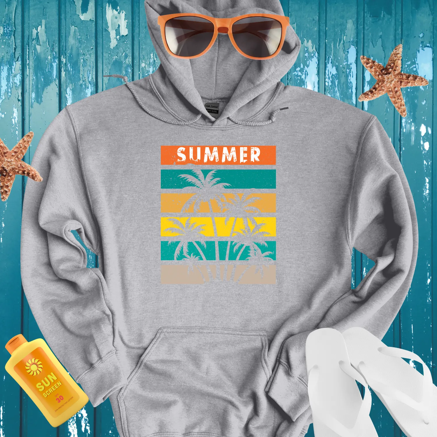Retro Summer Vibes Hoodie With Gradient Stripes Design