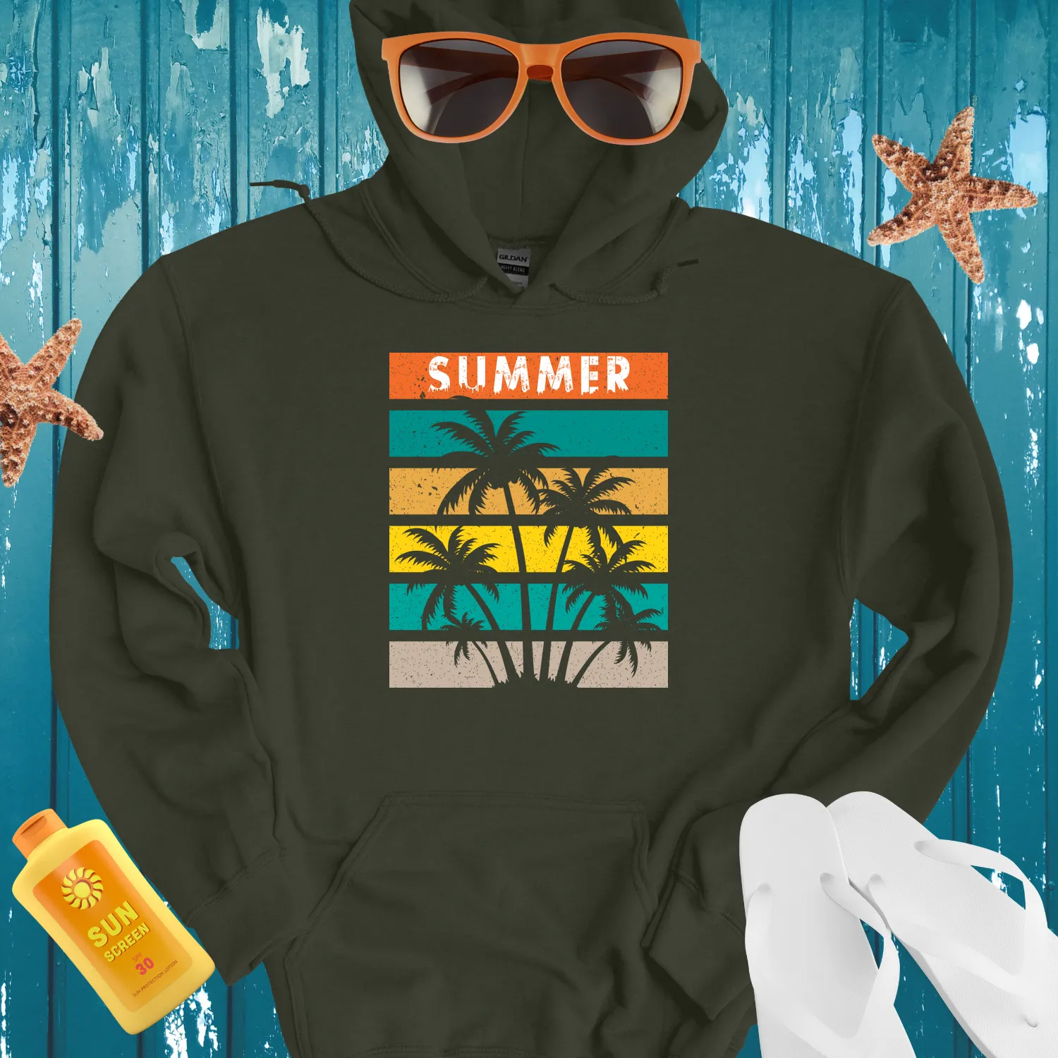 Retro Summer Vibes Hoodie With Gradient Stripes Design