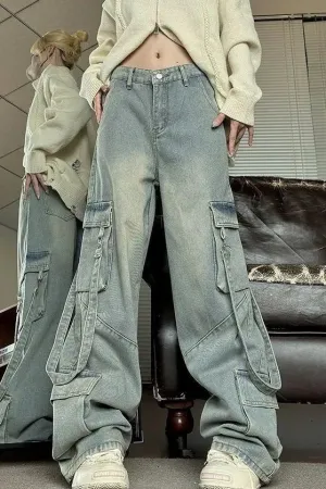 Retro Washed Overalls Wide cargo Jeans