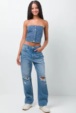 Ripped Straight Leg Denim Jeans Light Blue