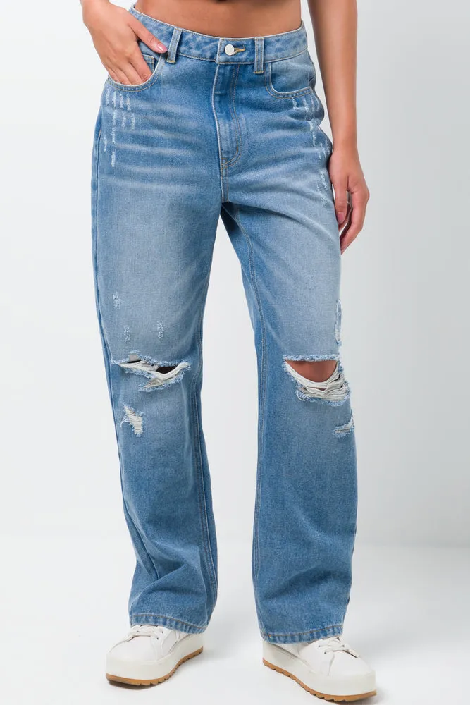 Ripped Straight Leg Denim Jeans Light Blue