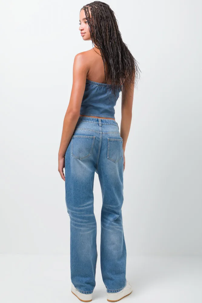 Ripped Straight Leg Denim Jeans Light Blue