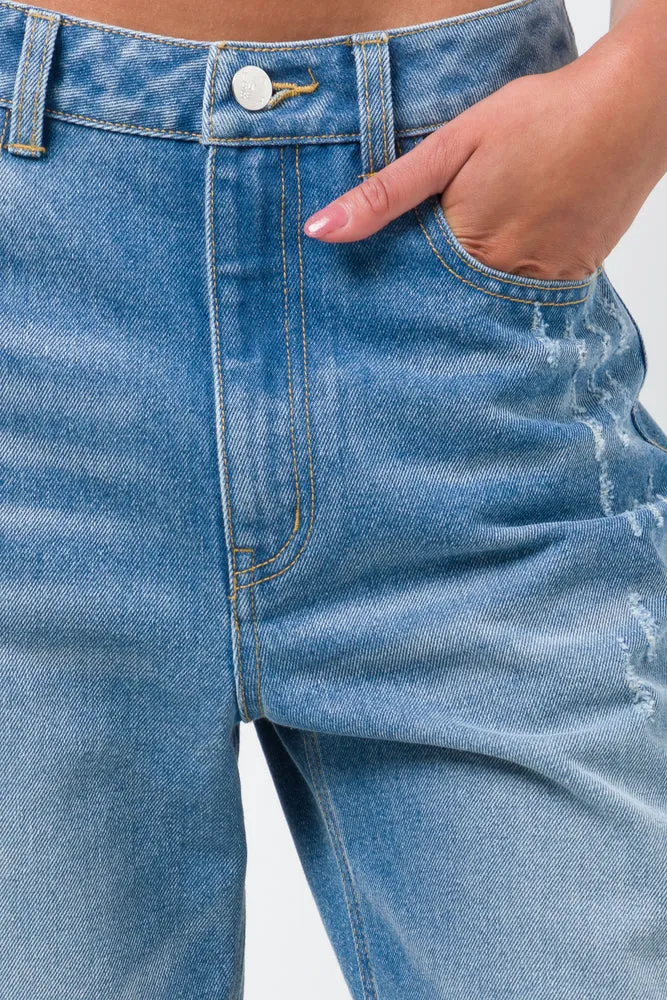 Ripped Straight Leg Denim Jeans Light Blue