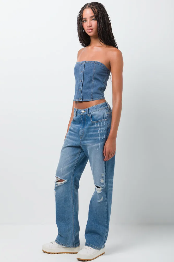 Ripped Straight Leg Denim Jeans Light Blue
