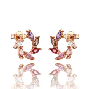 Rose Gold Plated Rainbow Studded Cubic Zirconia Swirl Stud Earrings