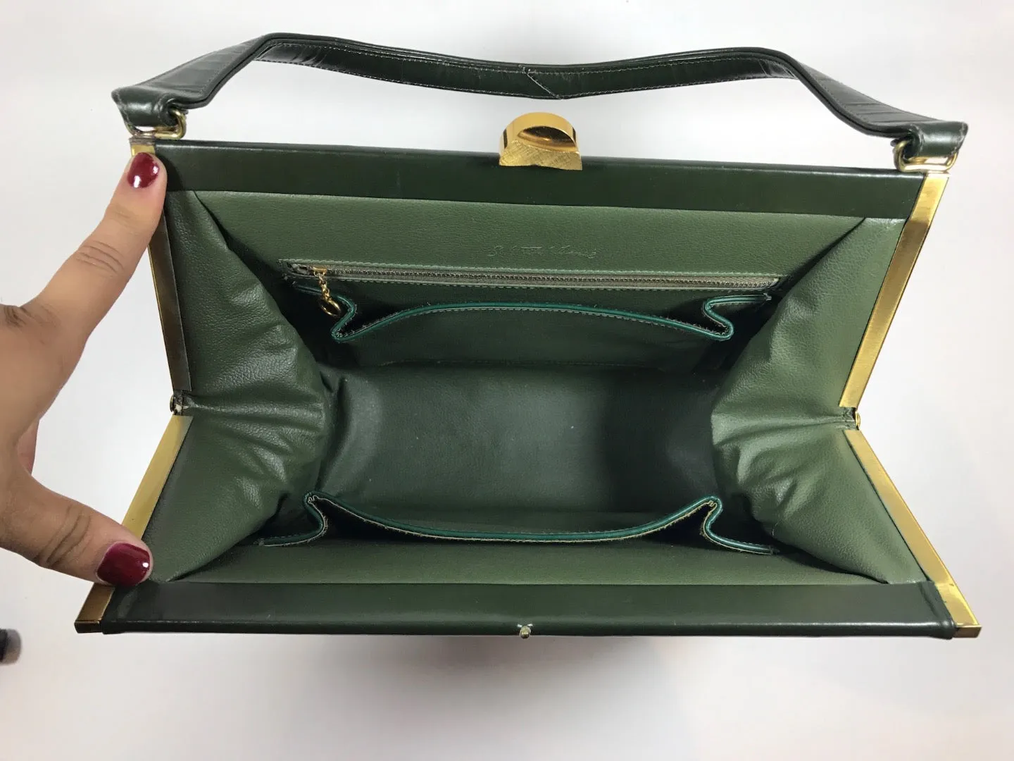 SAKS FIFTH AVENUE 1960s Dark Green Suede w/ Leather Trim Purse