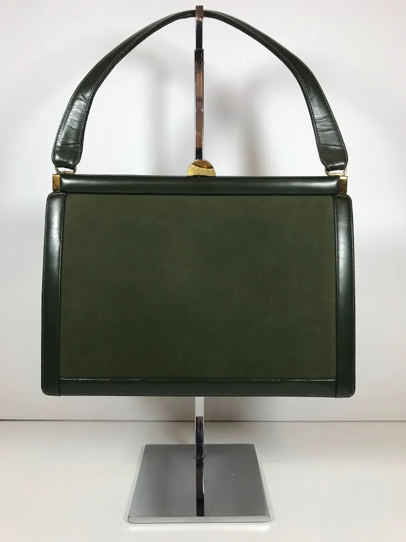 SAKS FIFTH AVENUE 1960s Dark Green Suede w/ Leather Trim Purse
