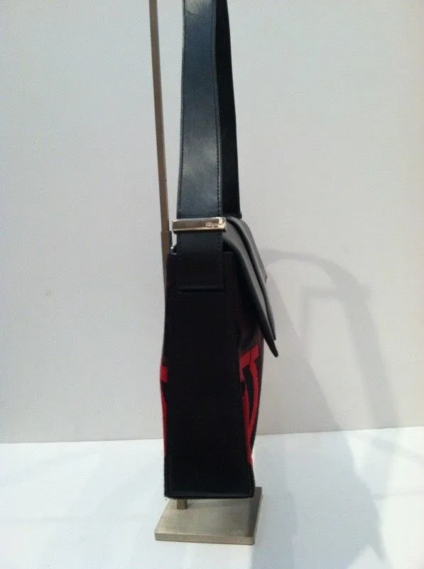 SALVATORE FERRAGAMO Big Black, Brown, Red Logo Canvas Leather and Wool Handbag
