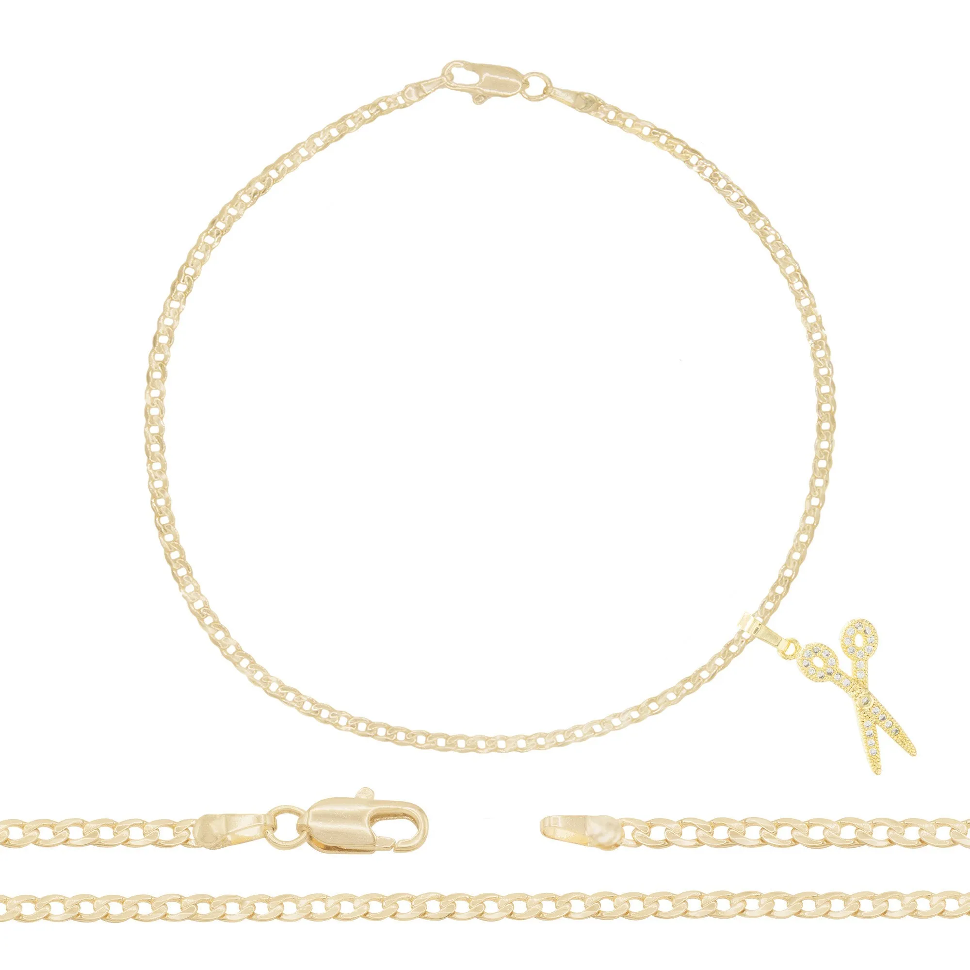 Scissors Pendant 14K Gold Filled Cubic Zirconia Anklet 10" Set 2.5 mm Women Jewelry